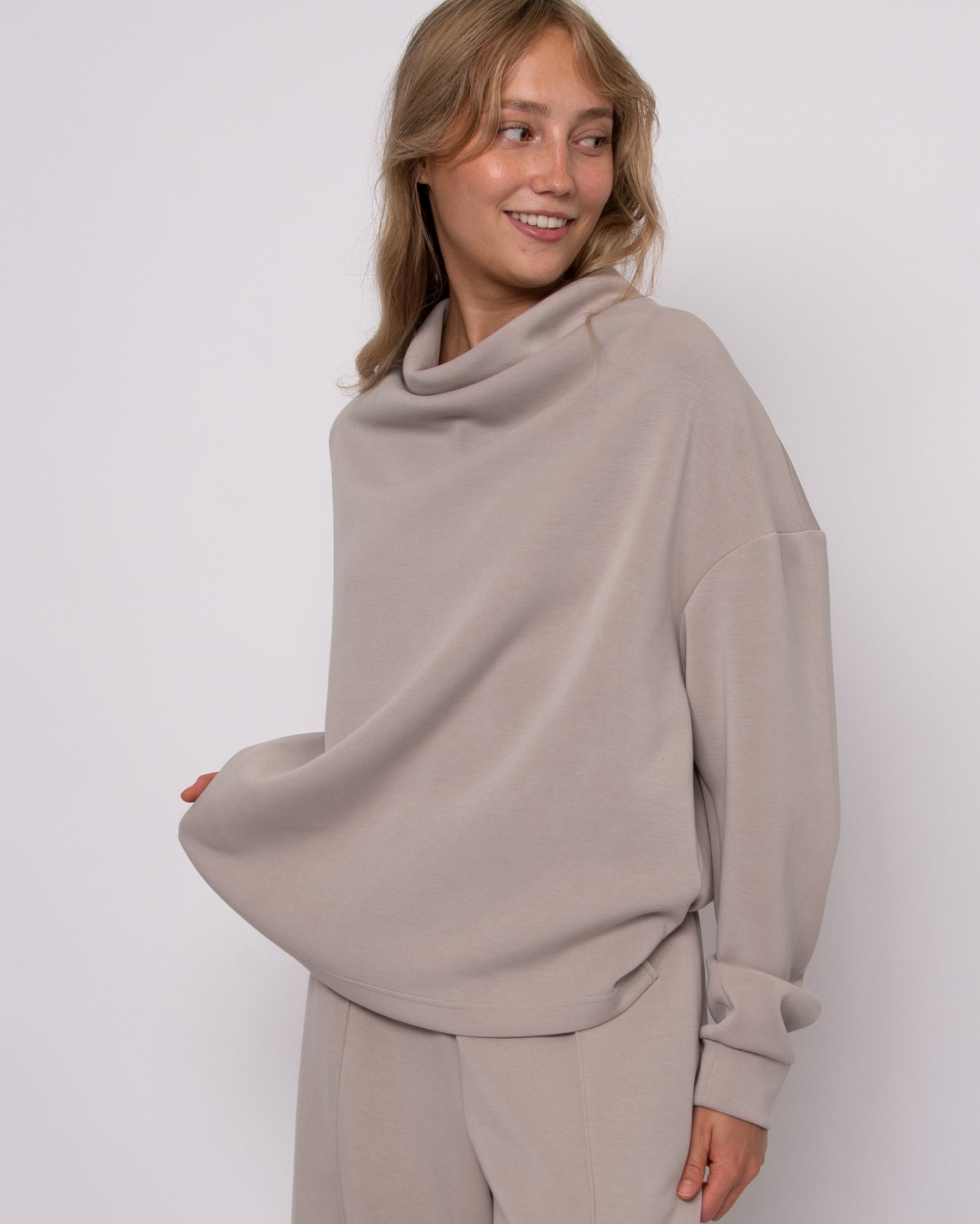 FREIZA SOFT KNIT FUNNEL NECK DRAPED PULLOVER - BIRCH
