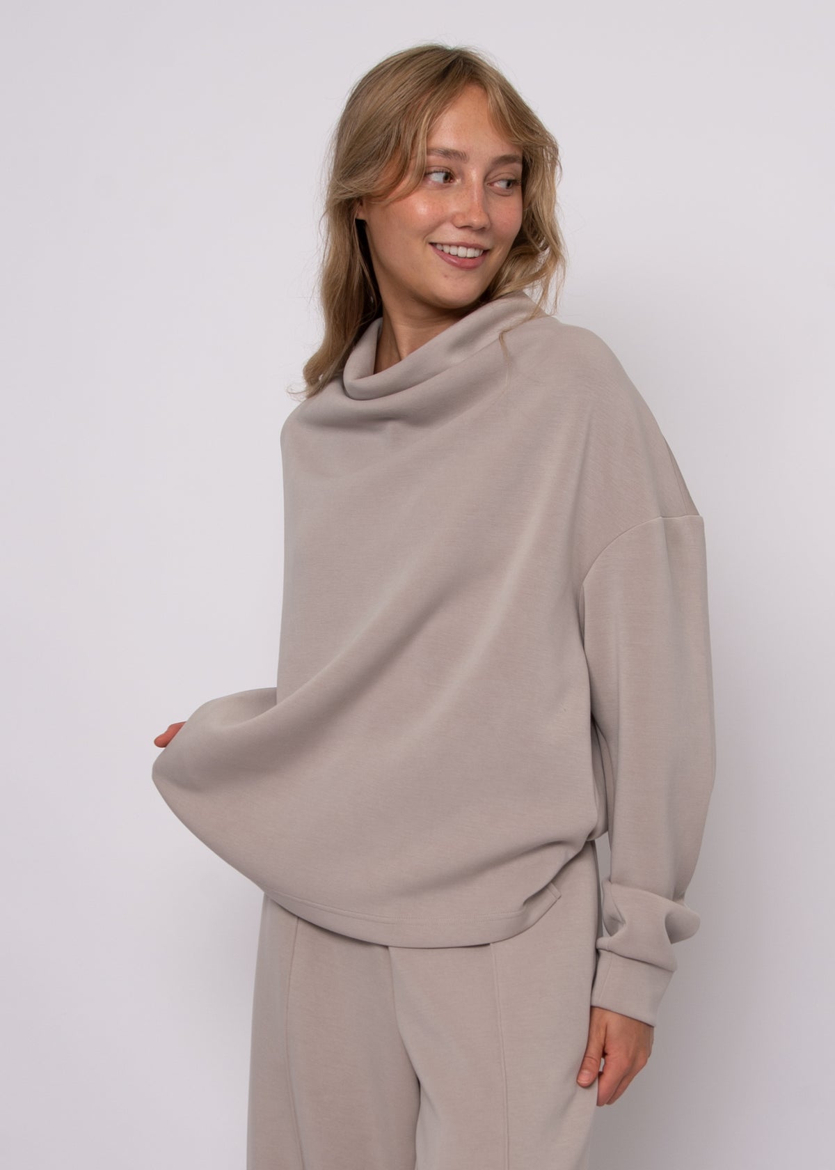FREIZA SOFT KNIT FUNNEL NECK DRAPED PULLOVER - BIRCH