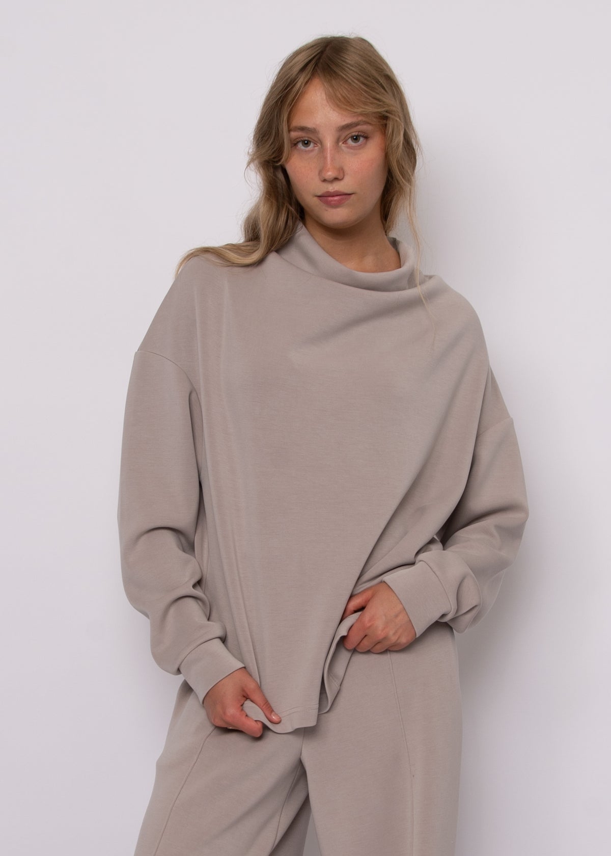 FREIZA SOFT KNIT FUNNEL NECK DRAPED PULLOVER - BIRCH