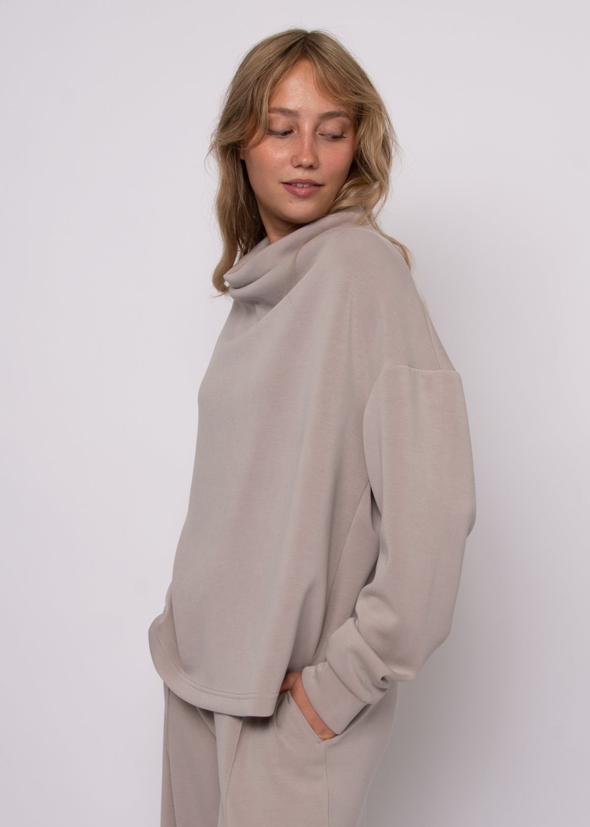 FREIZA SOFT KNIT FUNNEL NECK DRAPED PULLOVER - BIRCH