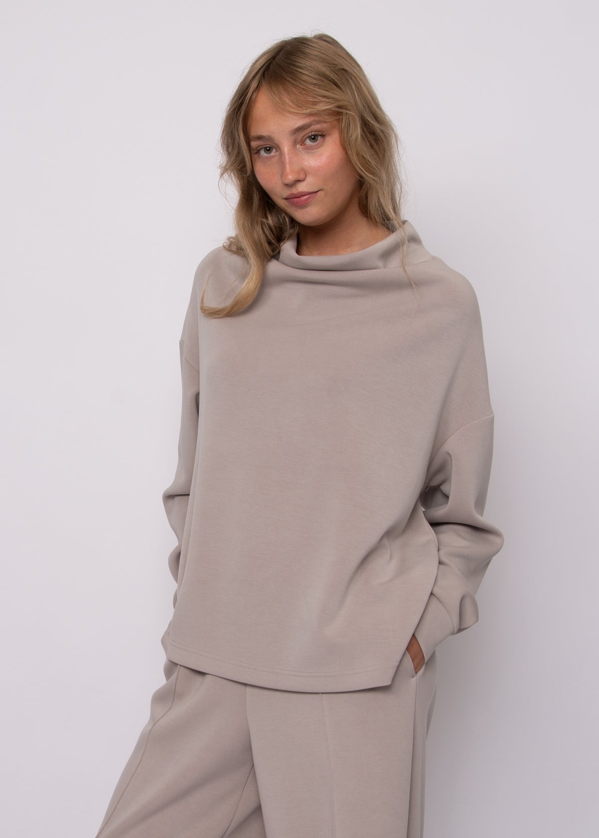 FREIZA SOFT KNIT FUNNEL NECK DRAPED PULLOVER - BIRCH