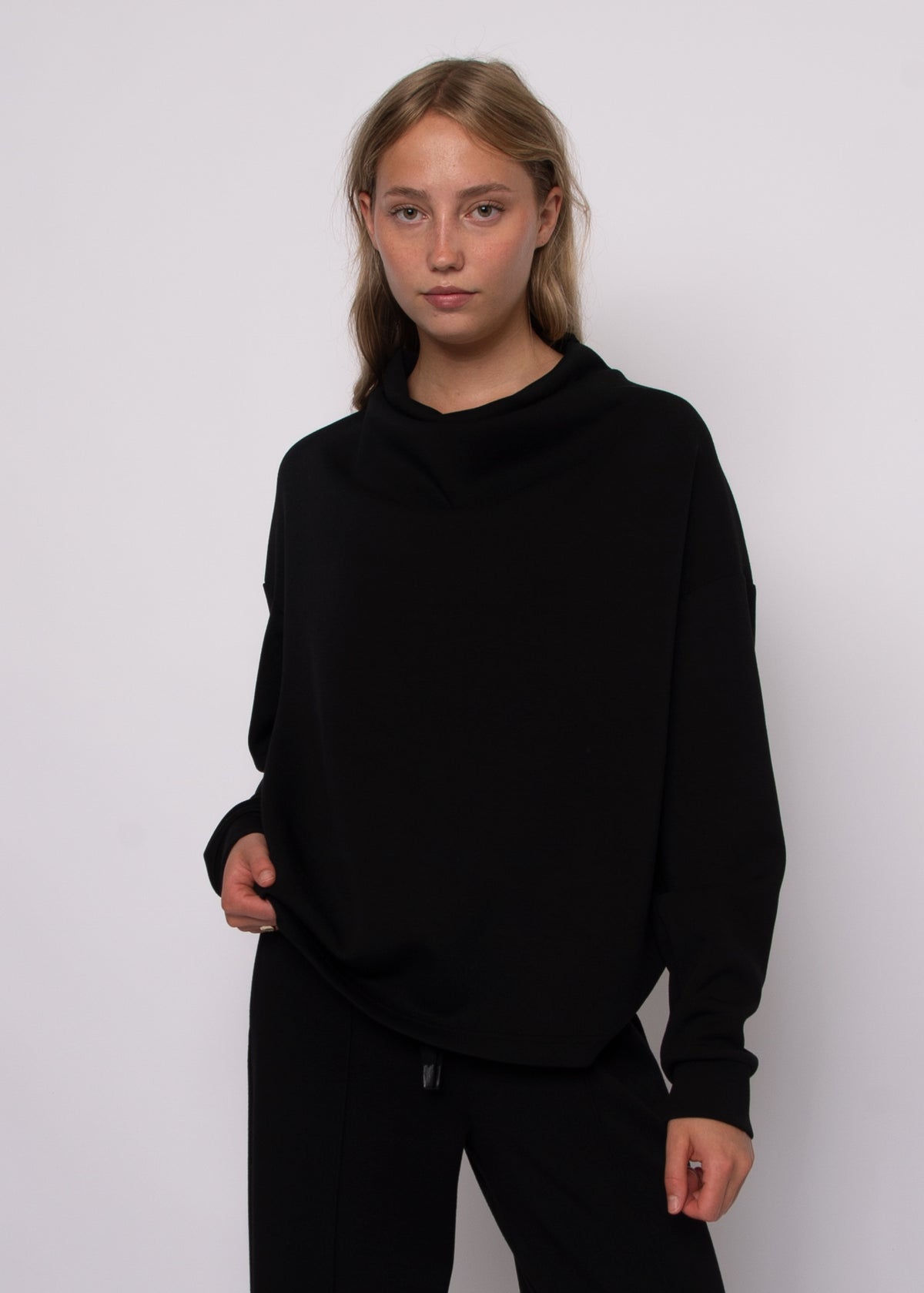 FREIZA SOFT KNIT FUNNEL NECK DRAPED PULLOVER - BLACK