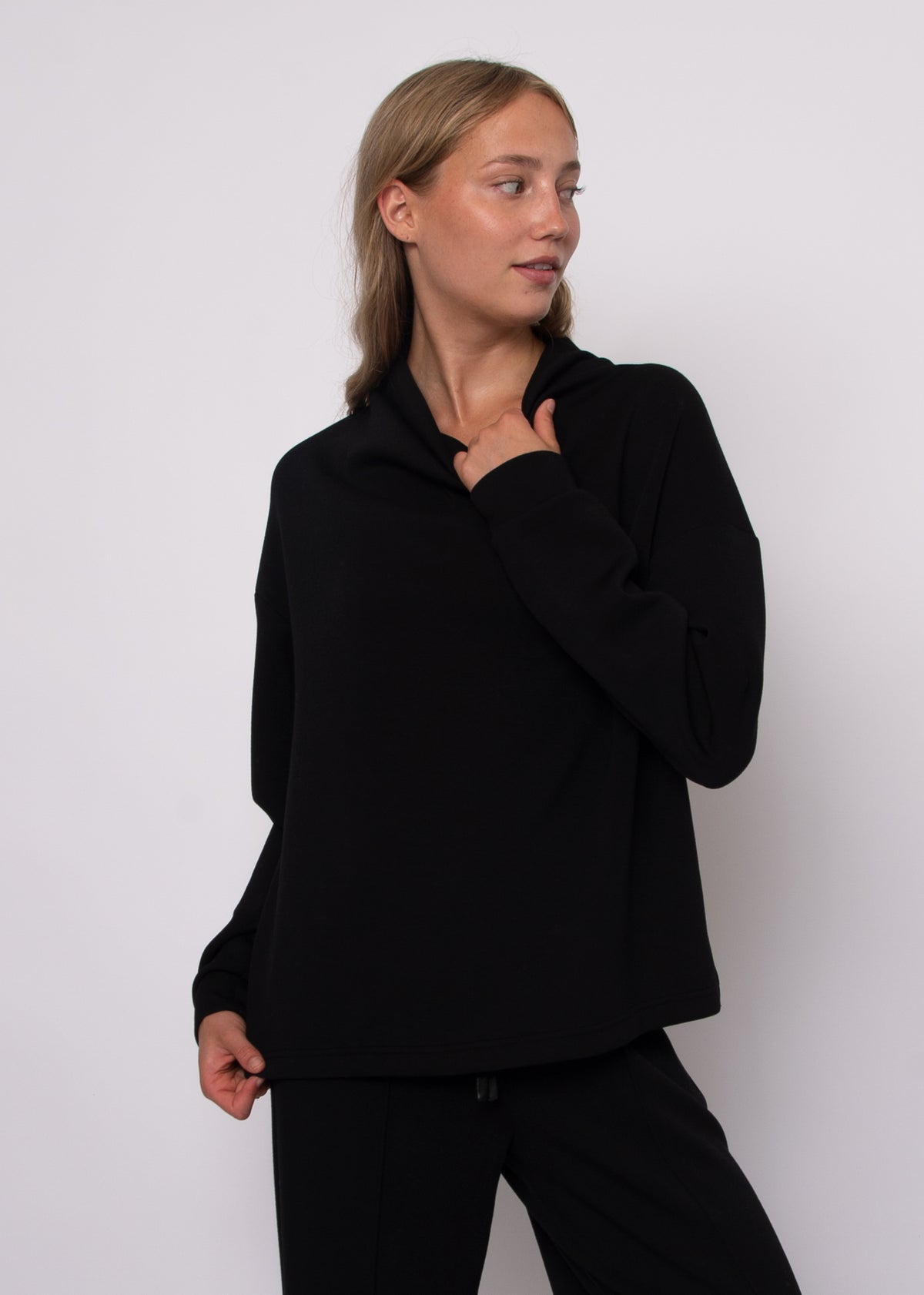 FREIZA SOFT KNIT FUNNEL NECK DRAPED PULLOVER - BLACK