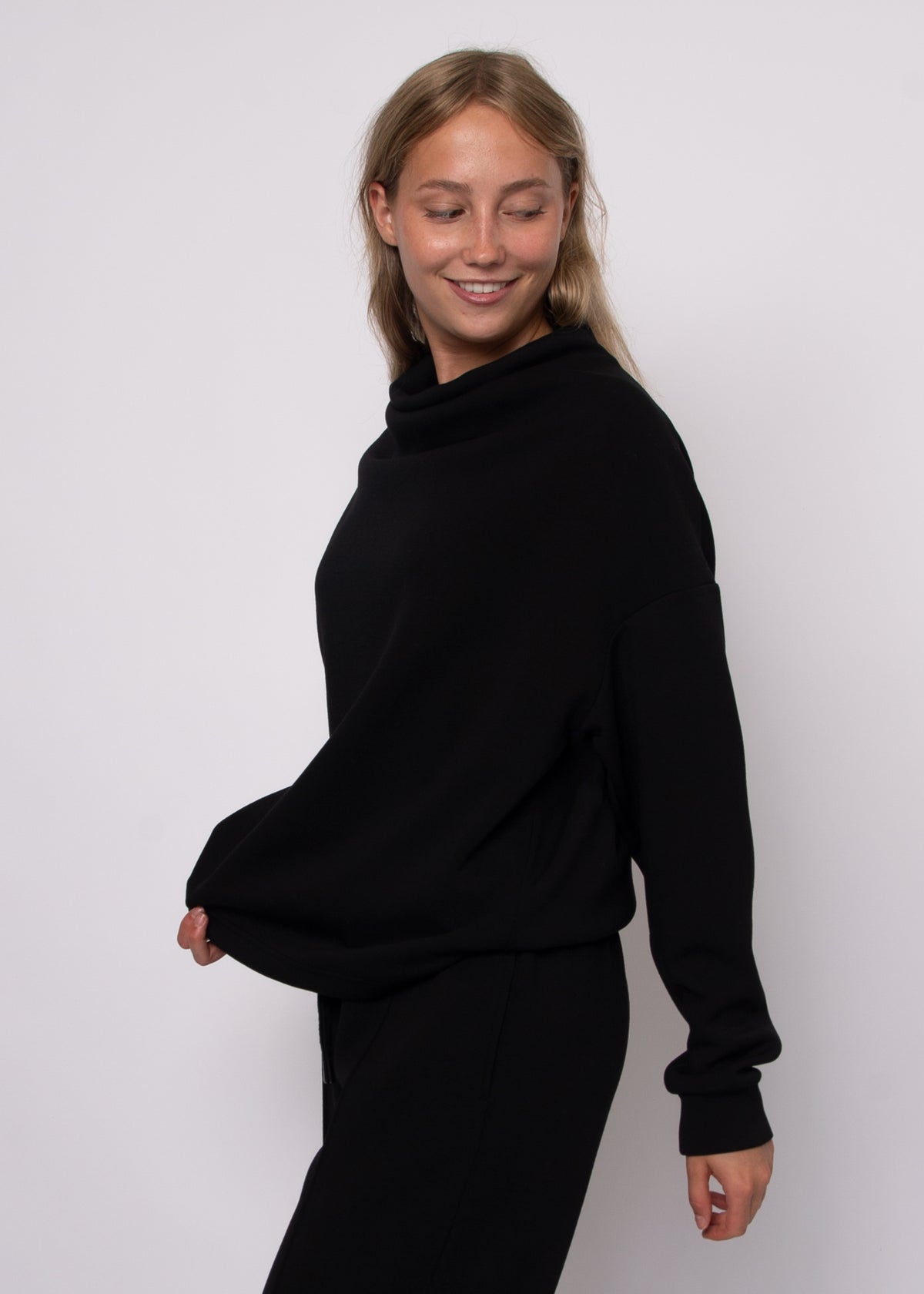 FREIZA SOFT KNIT FUNNEL NECK DRAPED PULLOVER - BLACK
