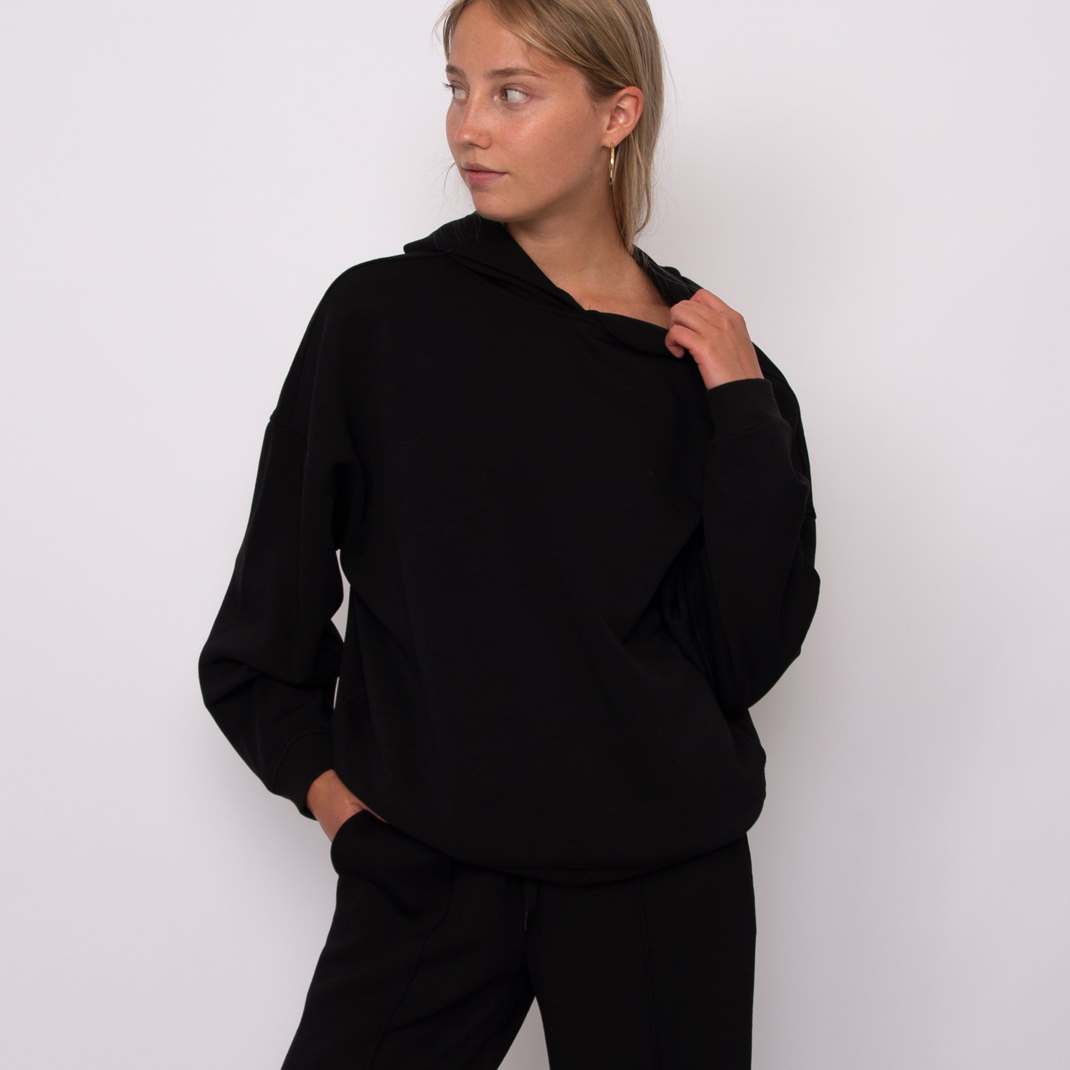 FREIZA SOFT KNIT FUNNEL NECK DRAPED PULLOVER - BLACK