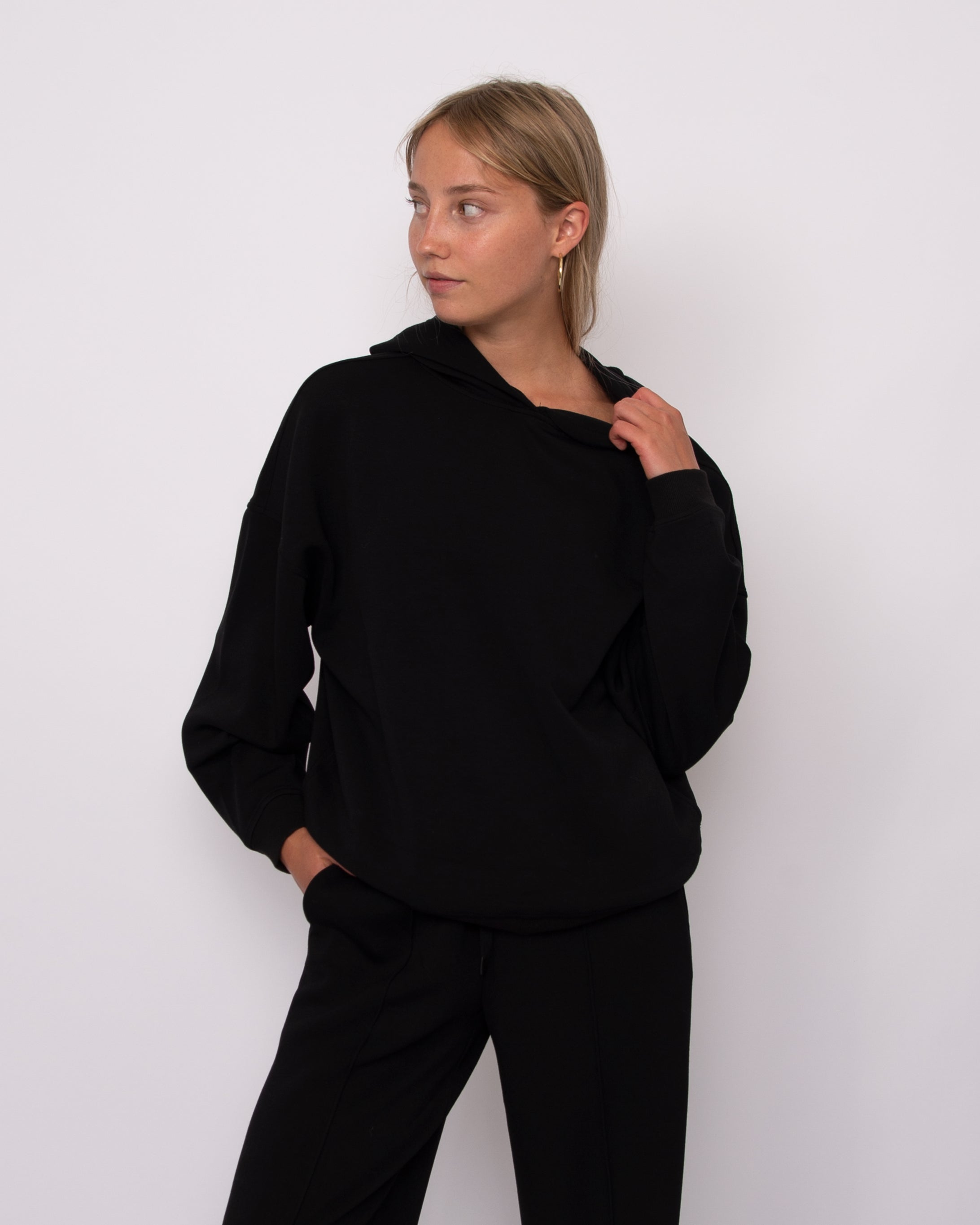 FREIZA SOFT KNIT FUNNEL NECK DRAPED PULLOVER - BLACK