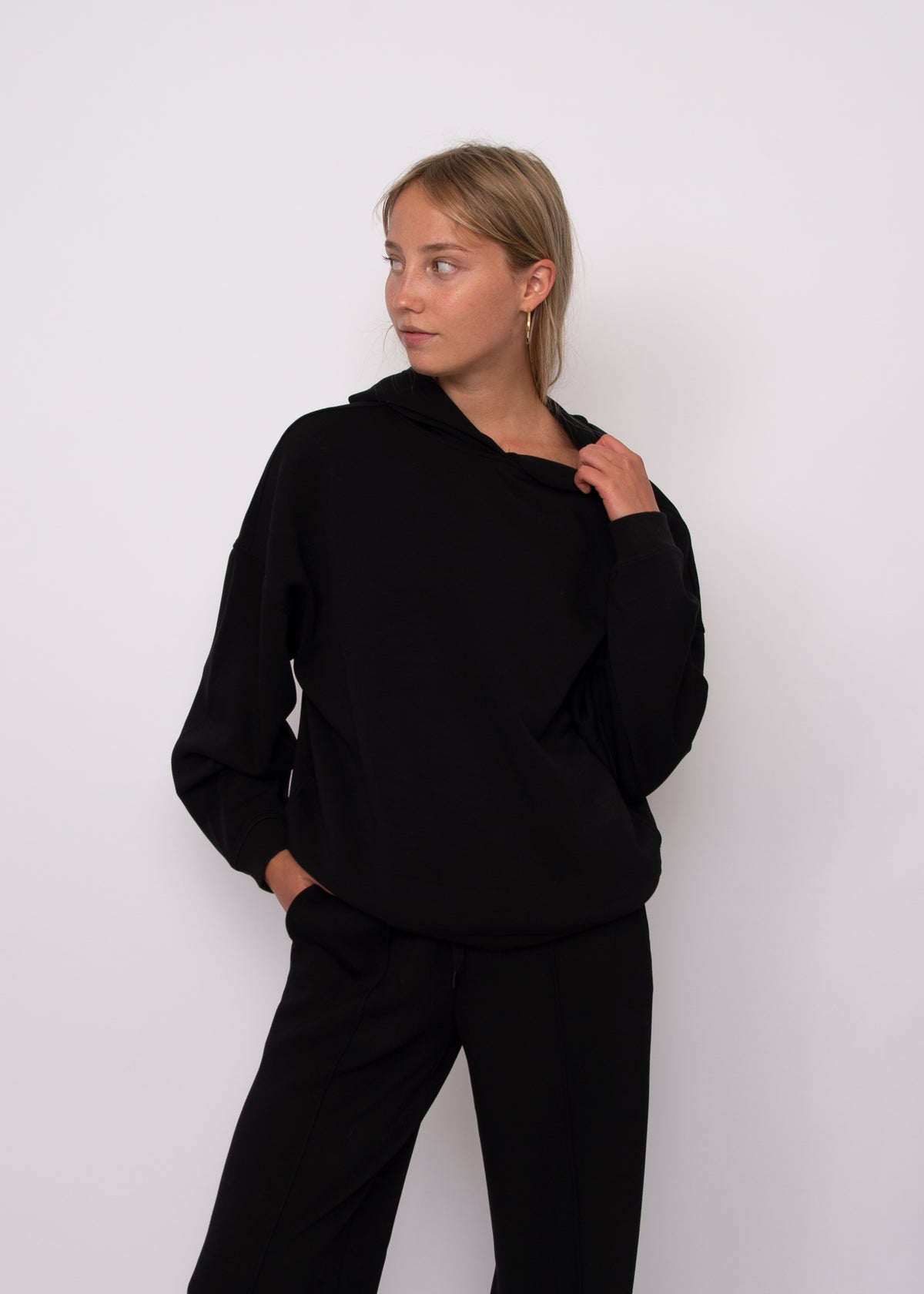 FREIZA SOFT KNIT FUNNEL NECK DRAPED PULLOVER - BLACK