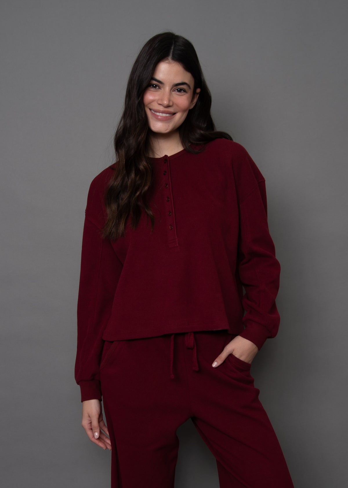 HENRY COZY WAFFLE LS HENLEY TOP - DEEP RED
