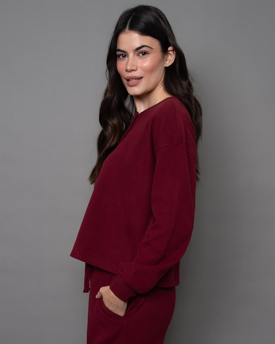 HENRY COZY WAFFLE LS HENLEY TOP - DEEP RED