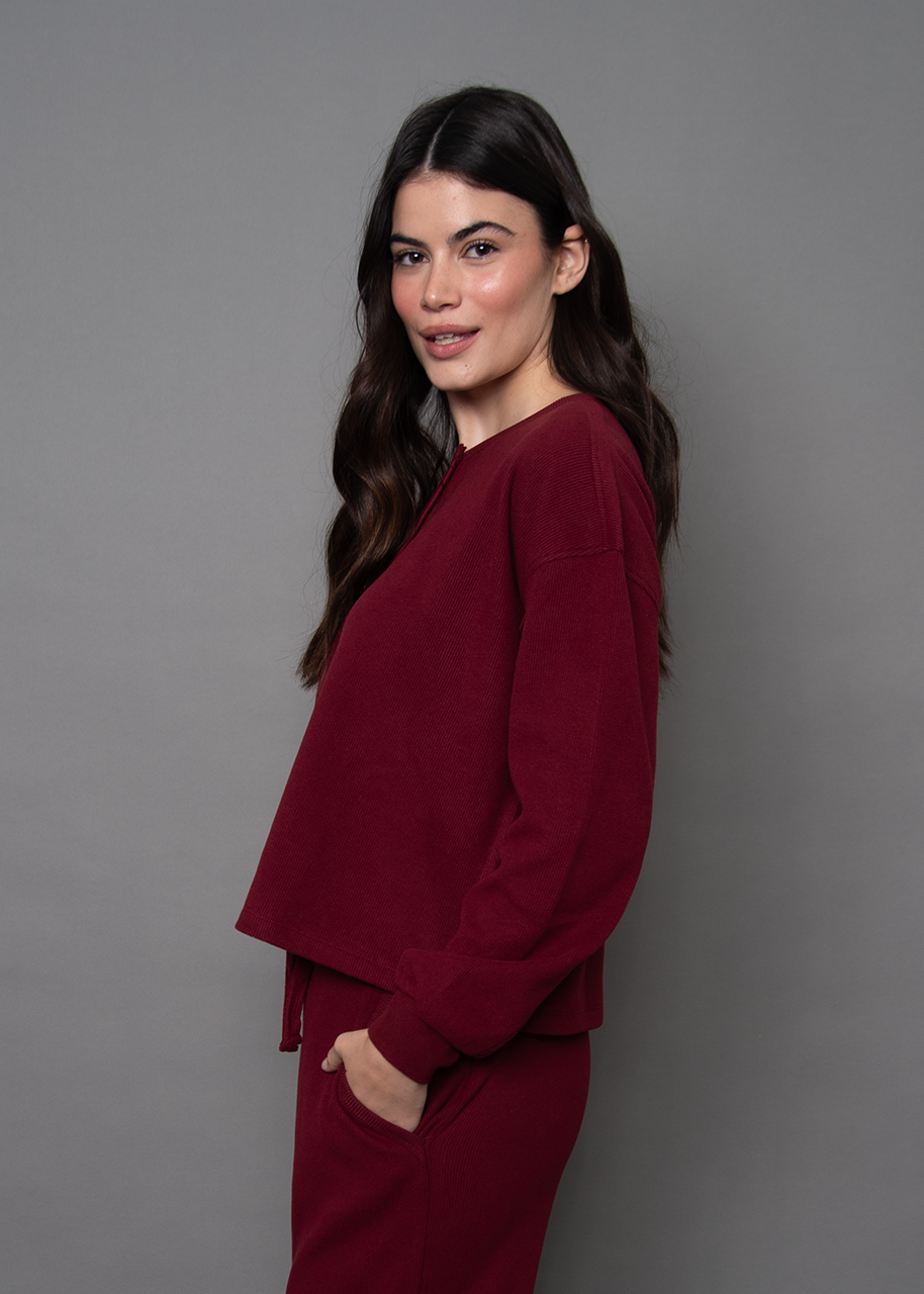 HENRY COZY WAFFLE LS HENLEY TOP - DEEP RED