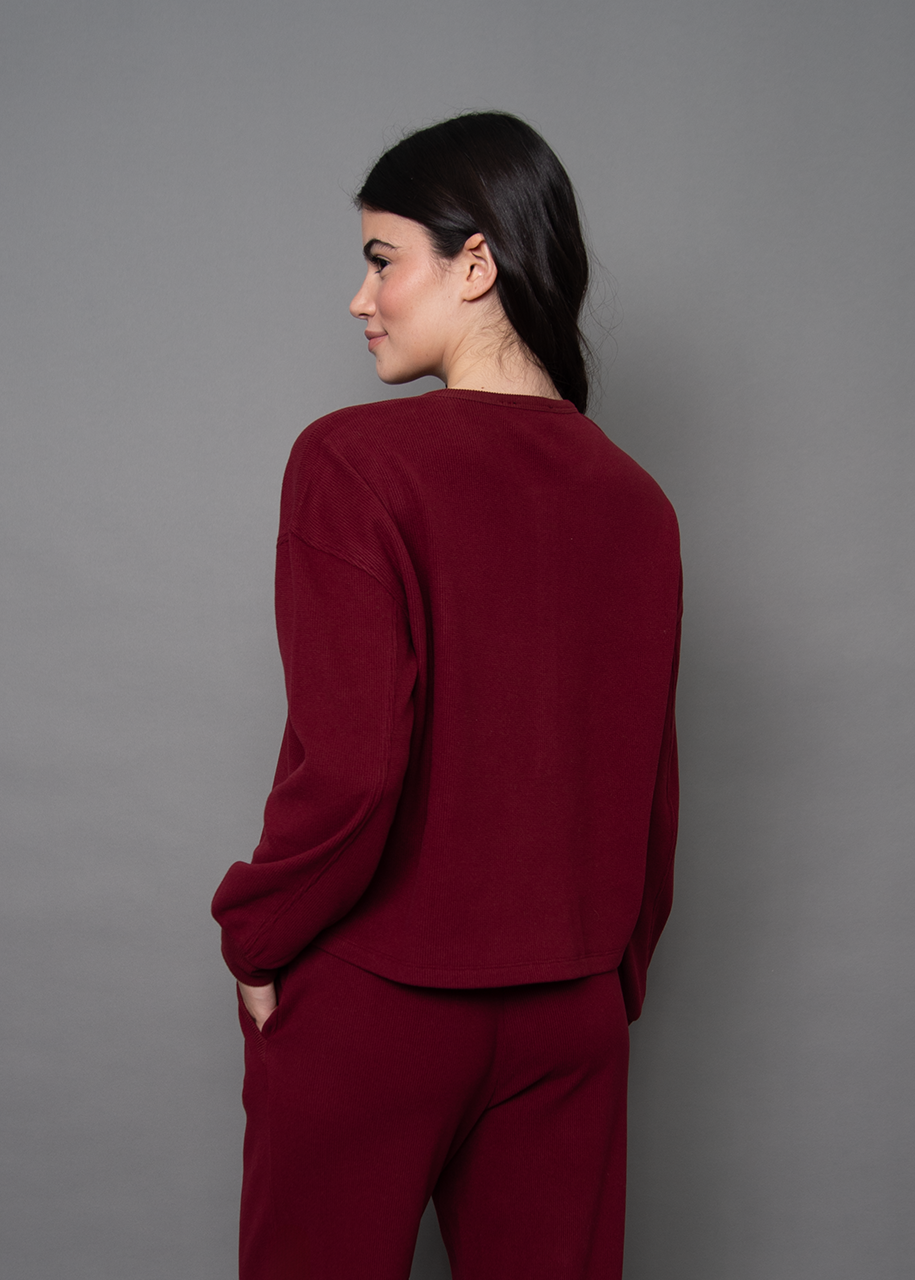 HENRY COZY WAFFLE LS HENLEY TOP - DEEP RED