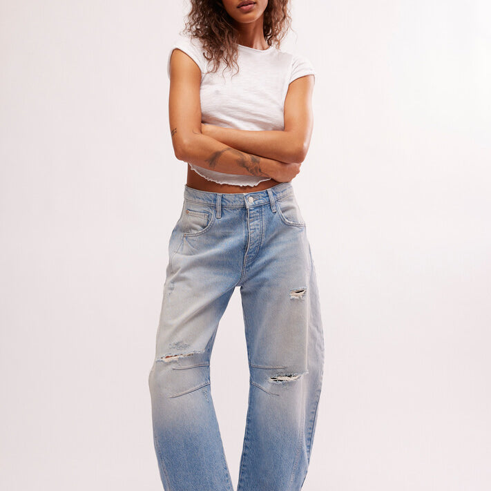 FREE PEOPLE GOOD LUCK BARREL JEANS - BARNYARD BLUE
