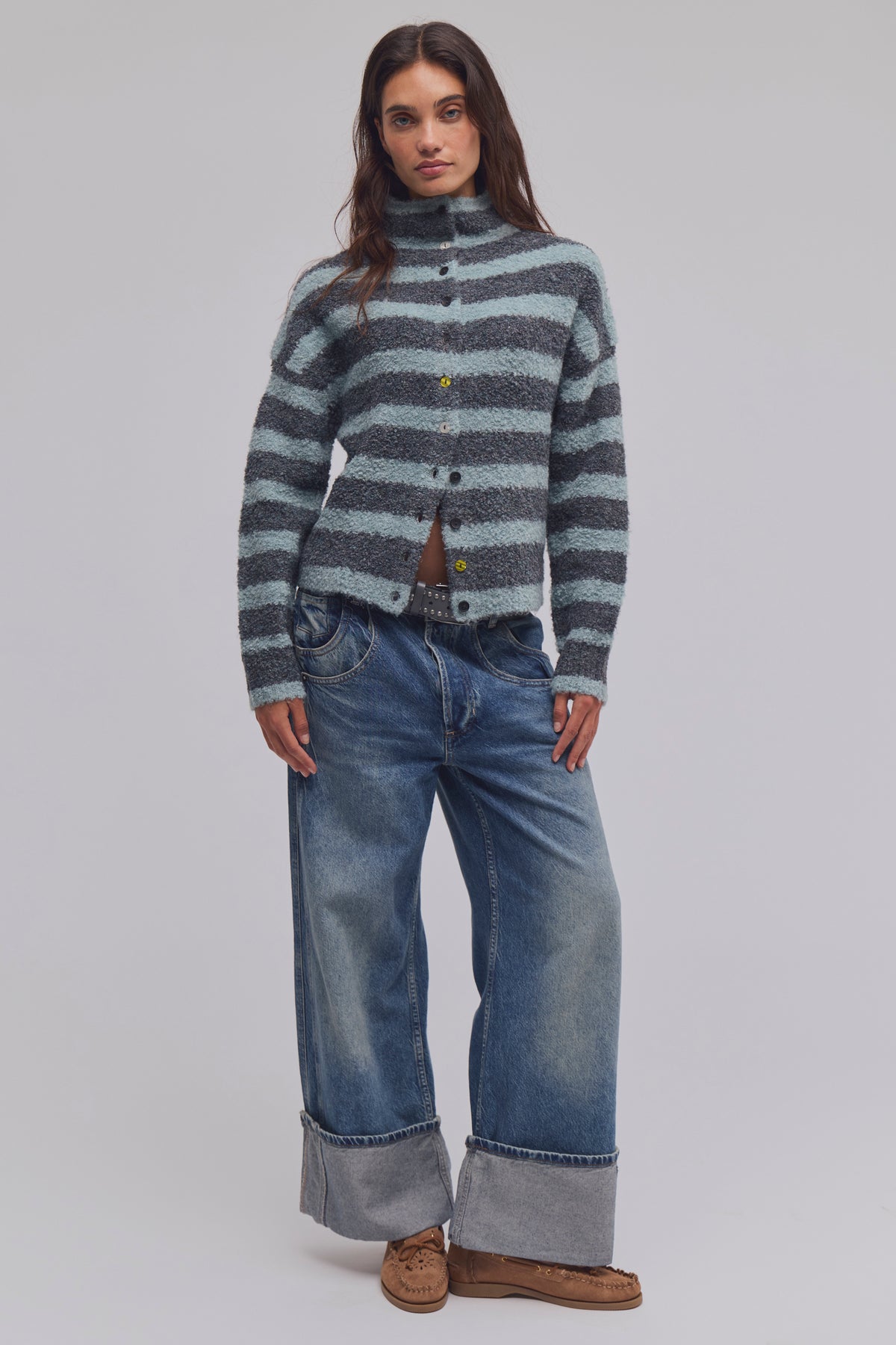 FREE PEOPLE BUTTON COLLECTION CARDI - STORM CLOUD COMBO