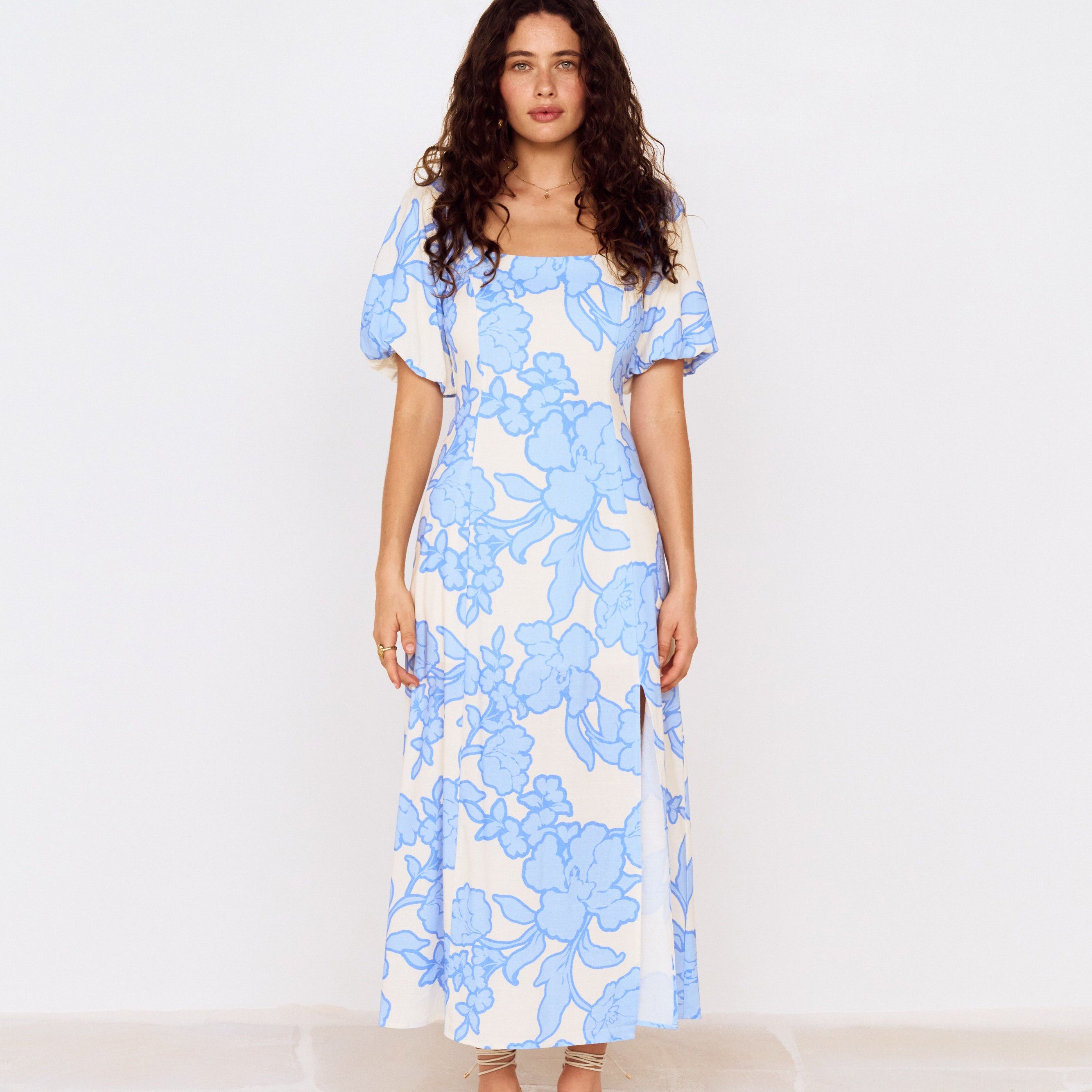 MP ALESSIA SLEEVED MIDI DRESS - BLUE FLORAL