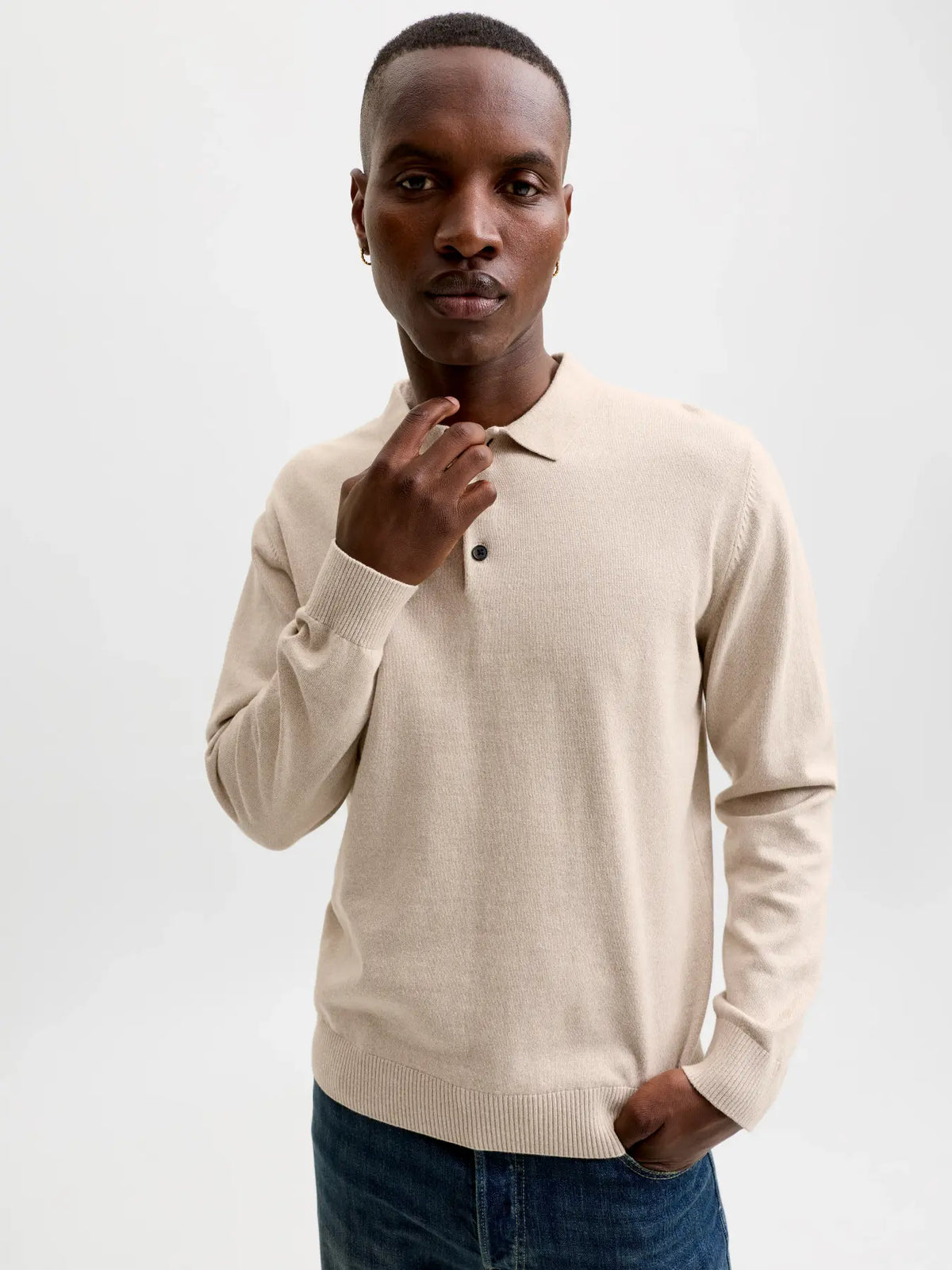 JJ BASIC KNIT LS POLO - MOONBEAM