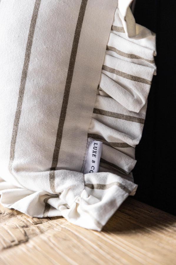 RUFFLE LUMBAR PILLOW WITH INSERT - OLIVE GREEN PIN STRIPES