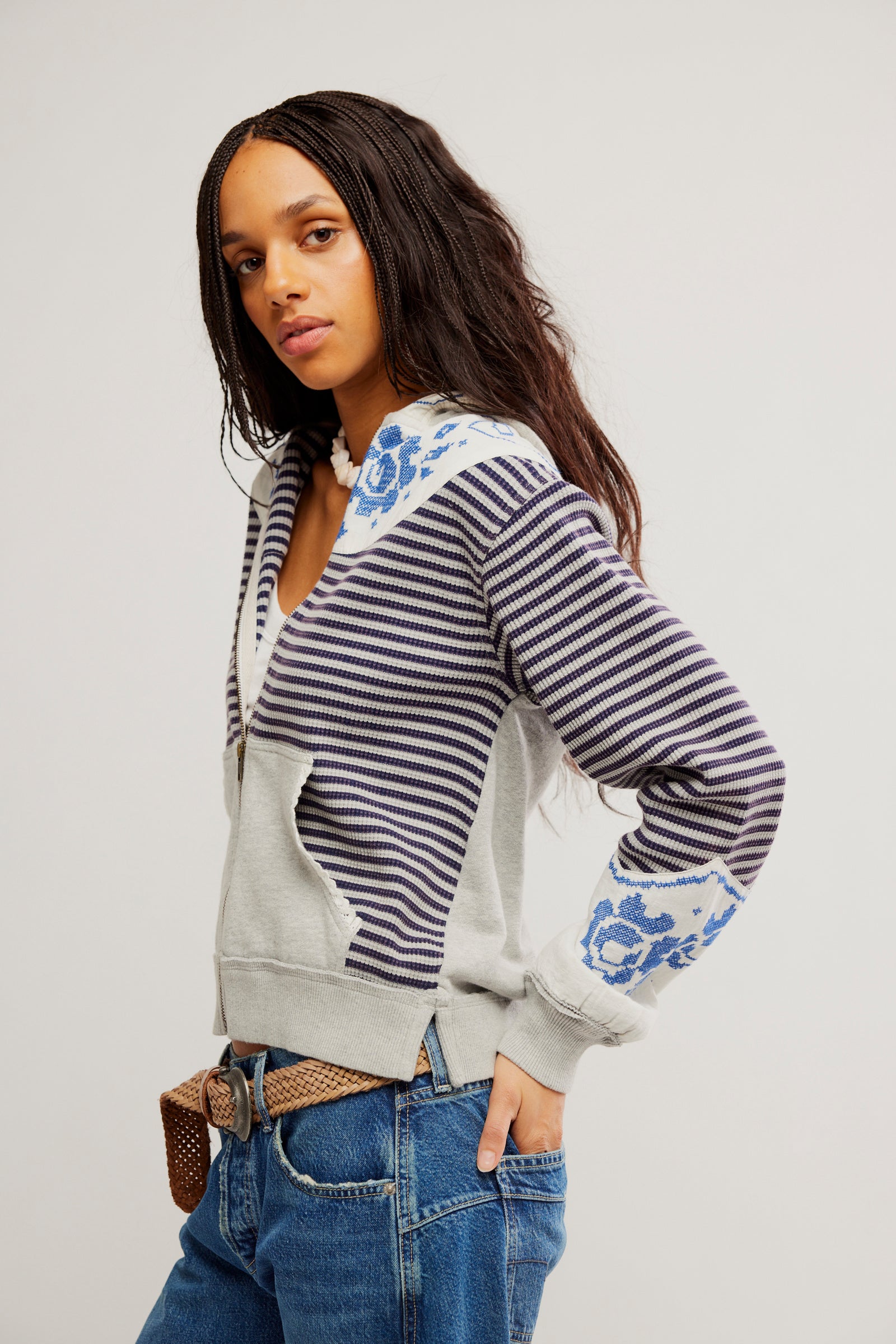 FREE PEOPLE LYDIA ZIP UP - GREY COMBO
