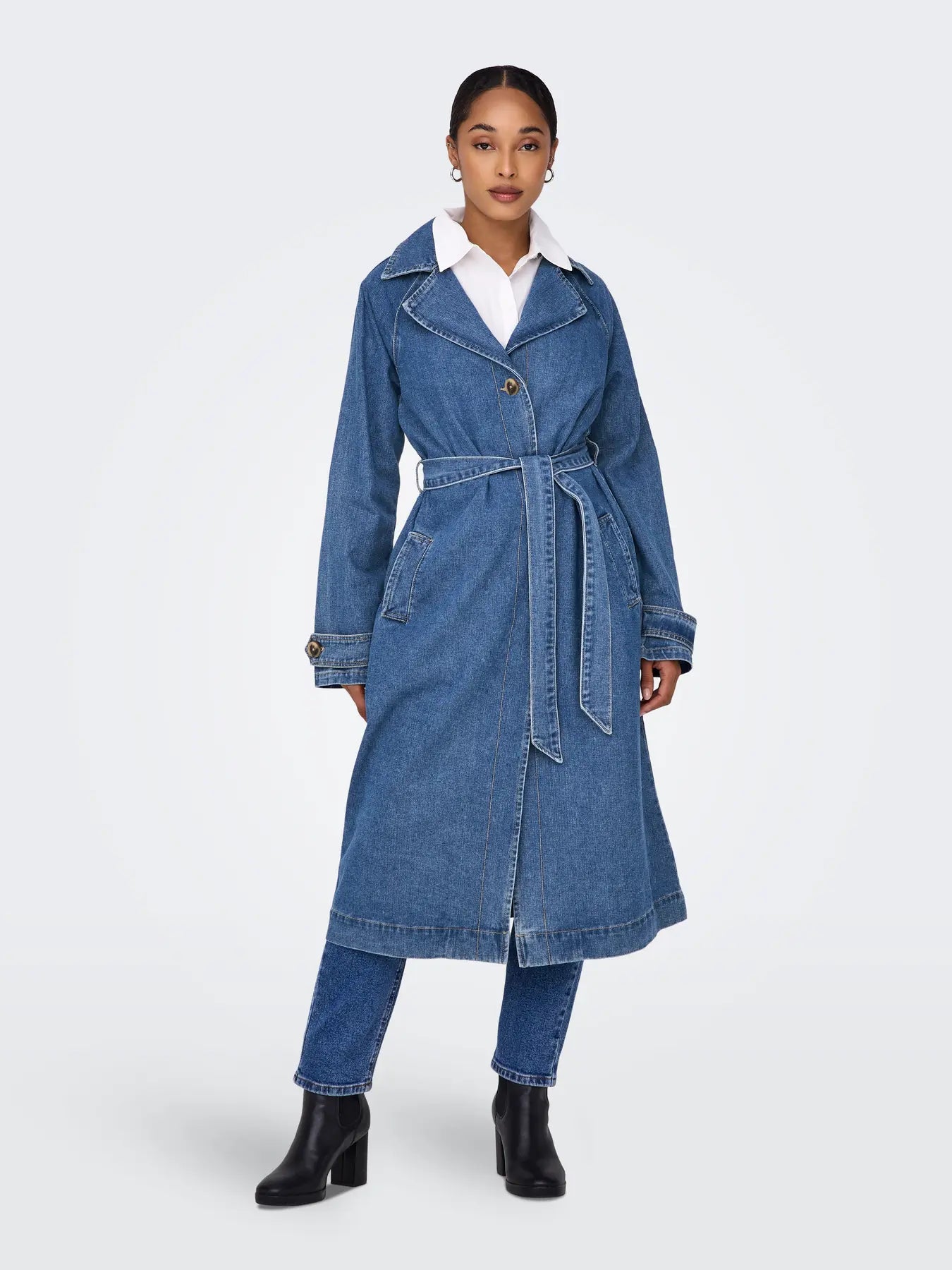 ONLY MALOU BELTED TRENCH COAT - MEDIUM BLUE DENIM