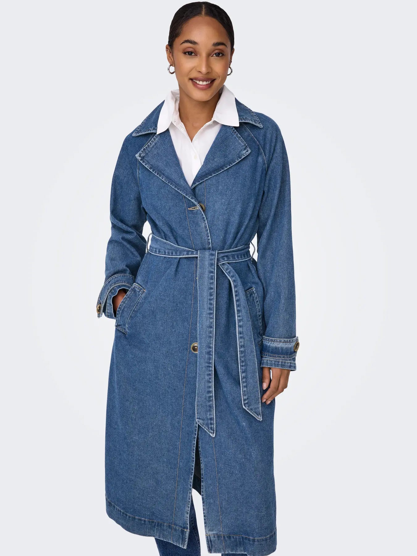 ONLY MALOU BELTED TRENCH COAT - MEDIUM BLUE DENIM