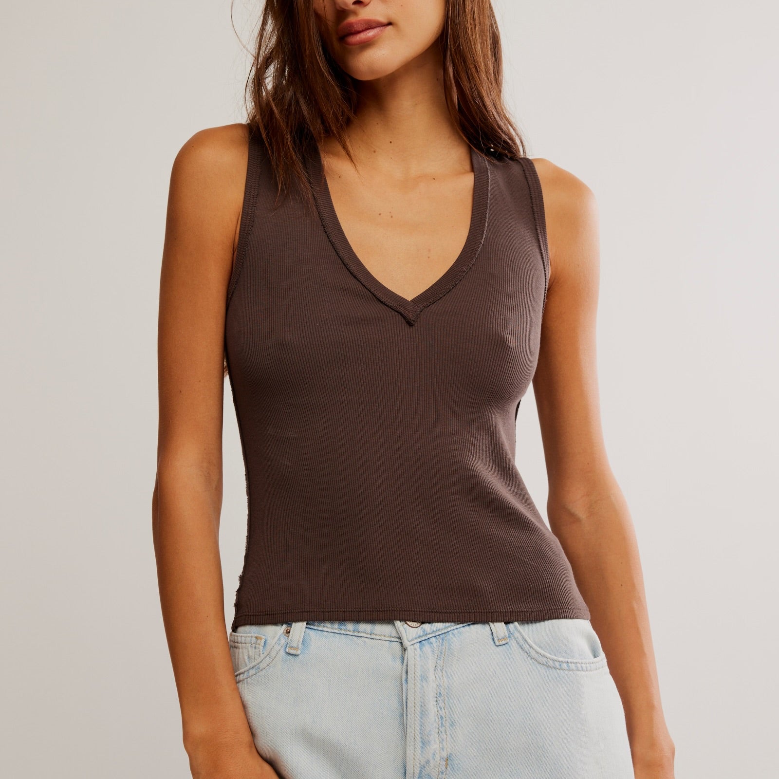 FREE PEOPLE NERIA V NECK TANK - DOUBLE ESPRESSO