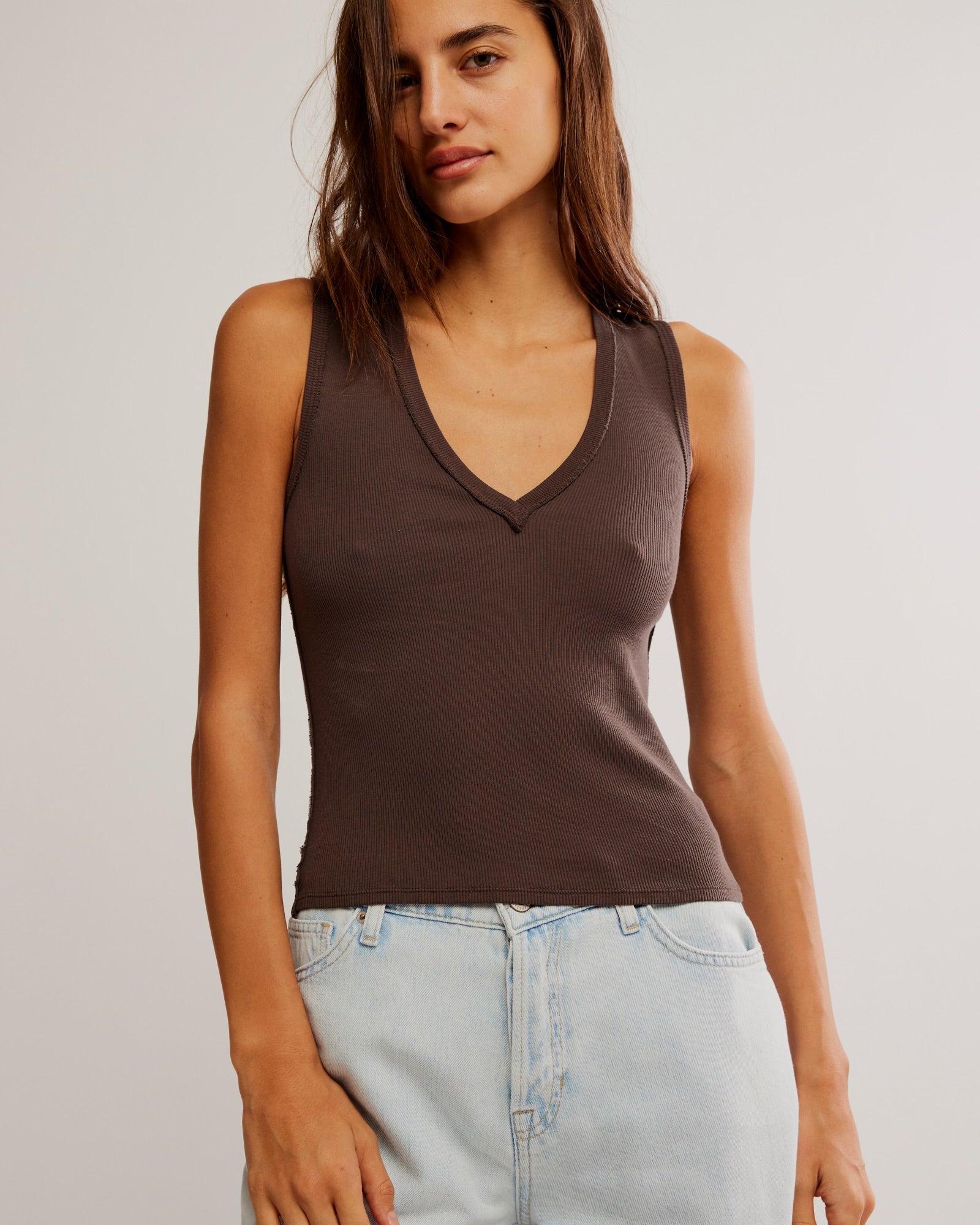 FREE PEOPLE NERIA V NECK TANK - DOUBLE ESPRESSO
