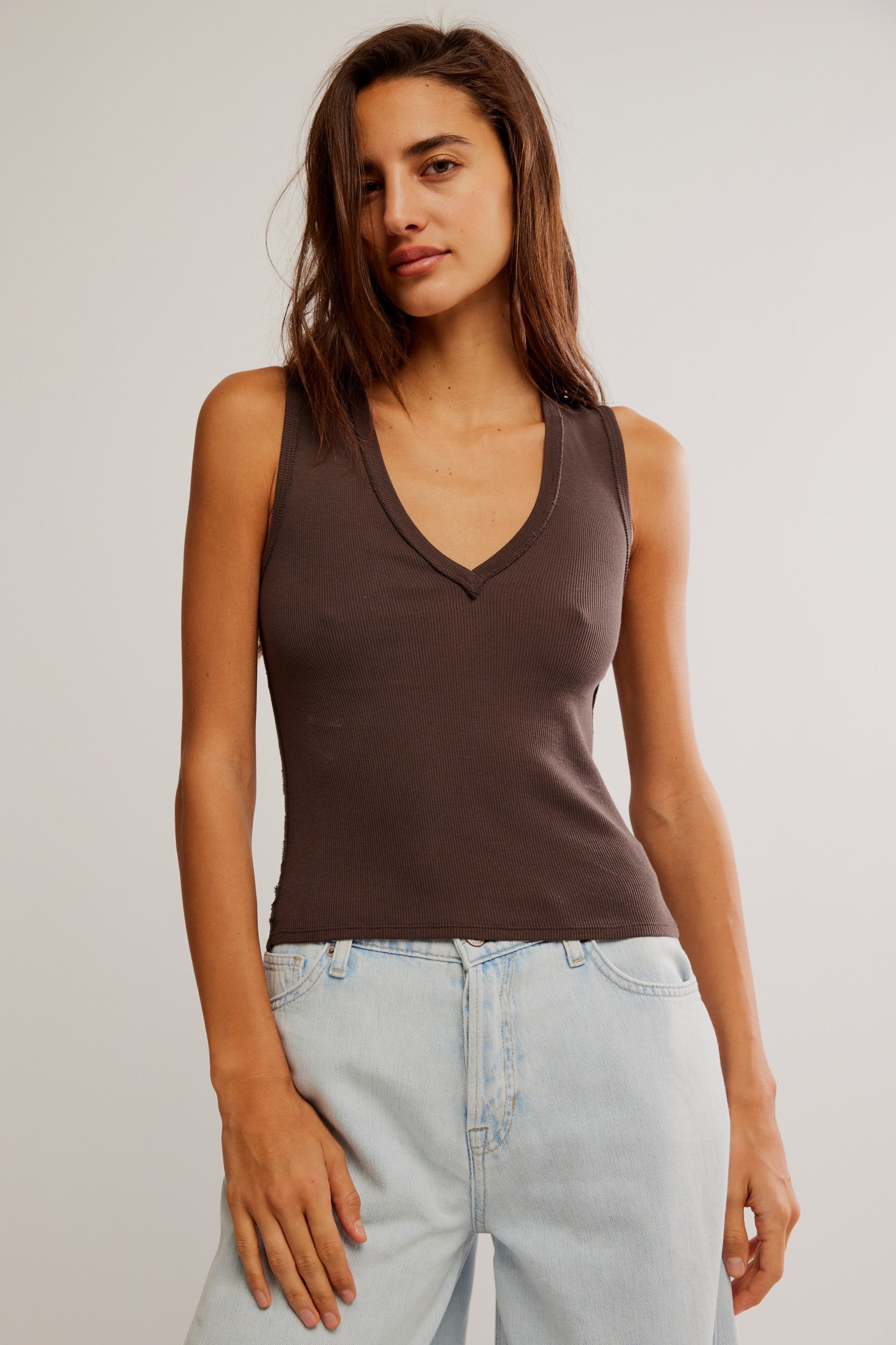 FREE PEOPLE NERIA V NECK TANK - DOUBLE ESPRESSO