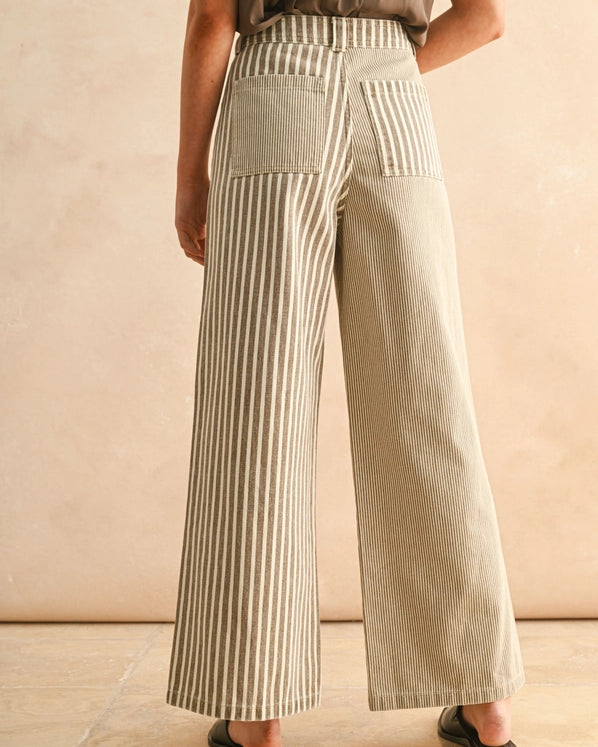 OLIVIA STRIPE FABRIC MIX PANTS - BROWN