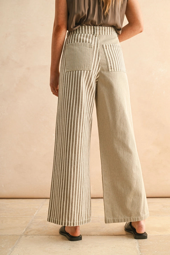 OLIVIA STRIPE FABRIC MIX PANTS - BROWN