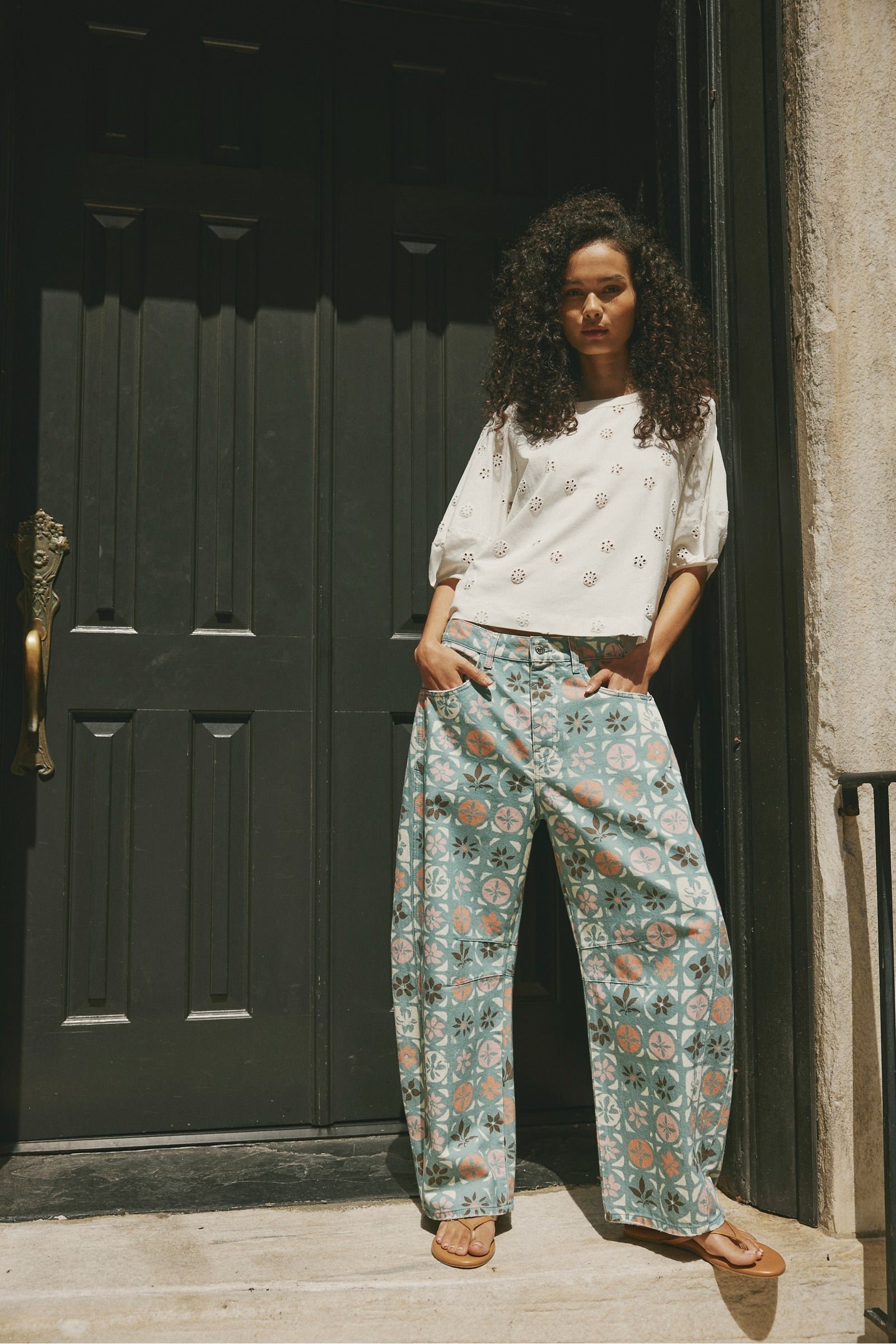 FREE PEOPLE GOOD LUCK PRINTED BARREL JEANS - JADE COMBO