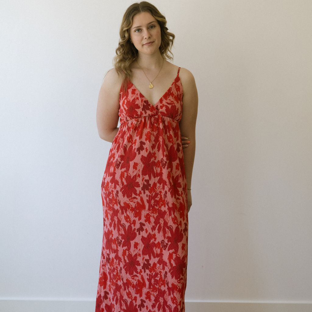 PIECES FLORA PRINTED STRAP DRESS - RED