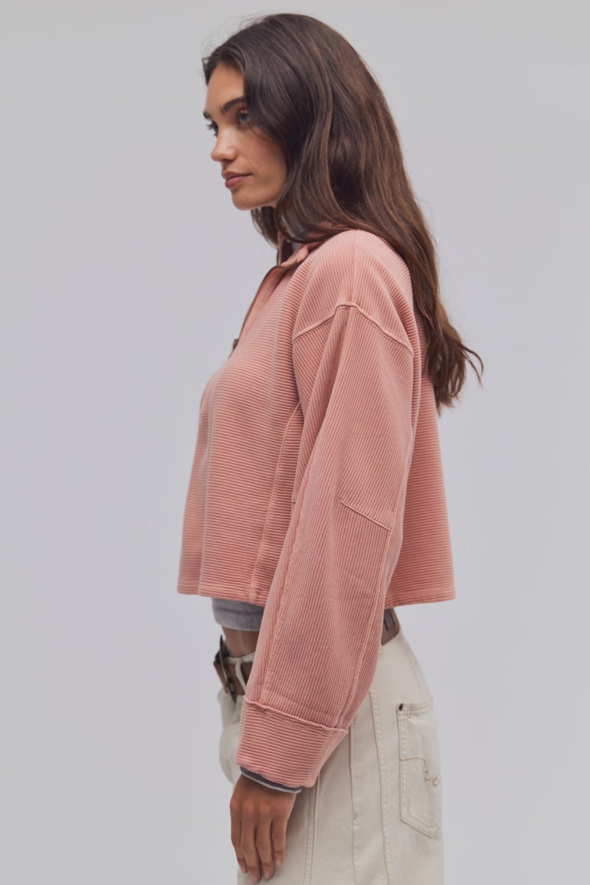 FREE PEOPLE CELESTE QUARTERZIP PULLOVER - CORAL PINK