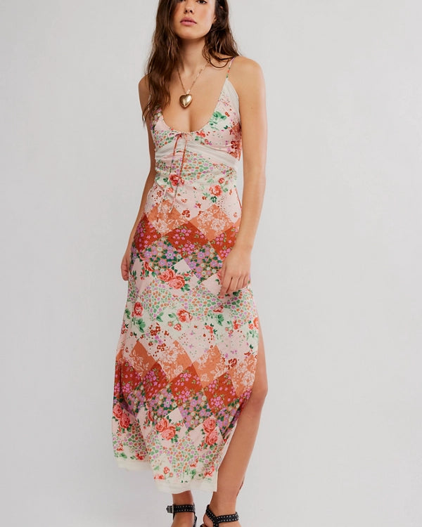 FREE PEOPLE DAISY FIELDS MAXI DRESS - BROWN COMBO