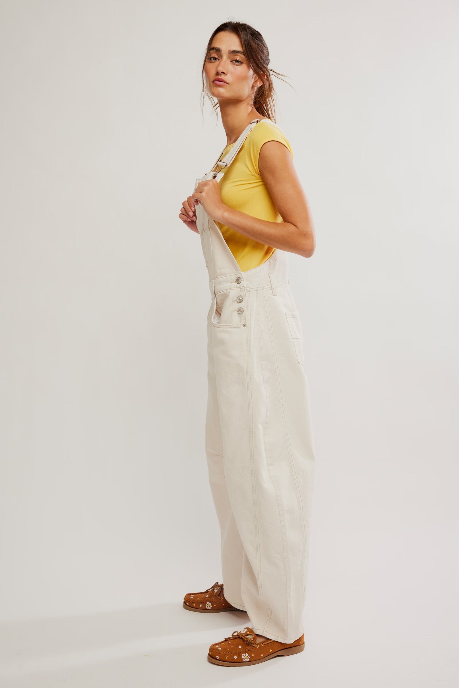 FREE PEOPLE GOOD LUCK OVERALLS - MILK