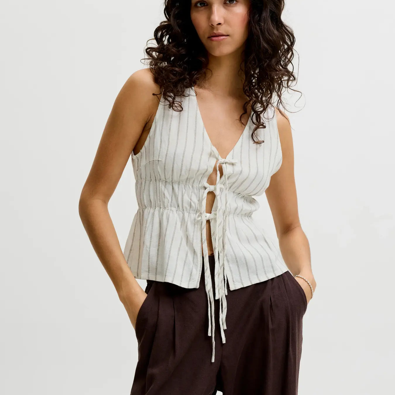 JJXX ALMIRA LINEN TIE TOP - BLANC STRIPES