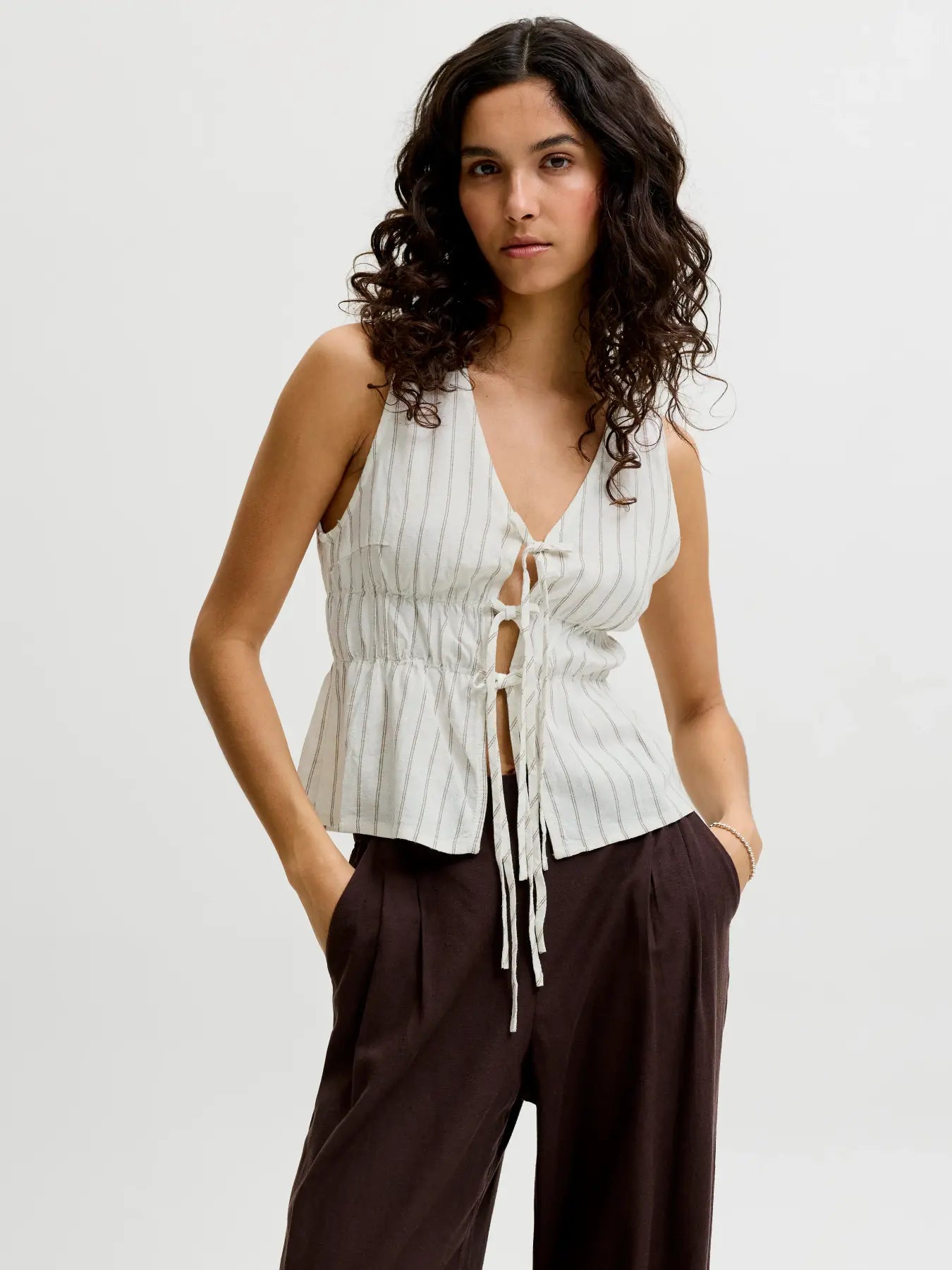 JJXX ALMIRA LINEN TIE TOP - BLANC STRIPES