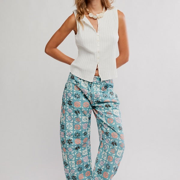FREE PEOPLE GOOD LUCK PRINTED BARREL JEANS - JADE COMBO