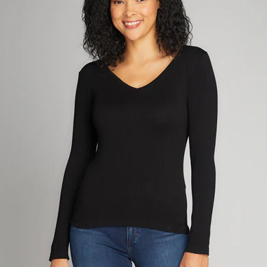 SEAMLESS RIBBED V NECK TOP - BLACK