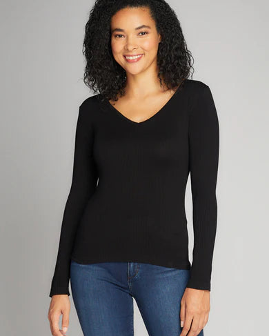 SEAMLESS RIBBED V NECK TOP - BLACK