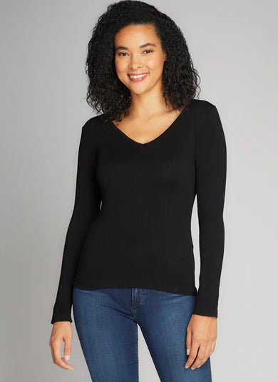 SEAMLESS RIBBED V NECK TOP - BLACK