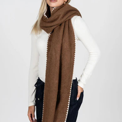 WOOL BLEND CONTRAST STITCH SCARF - MOCHA