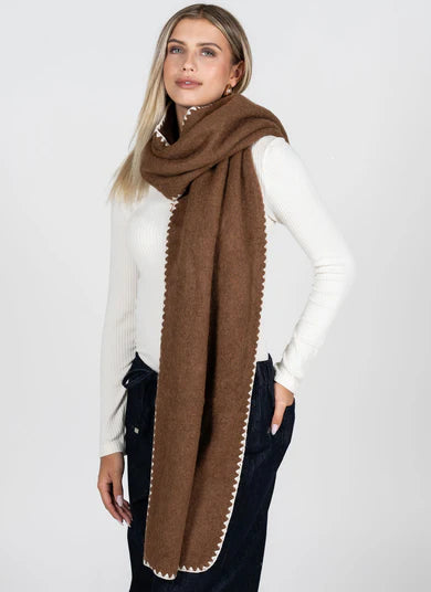 WOOL BLEND CONTRAST STITCH SCARF - MOCHA