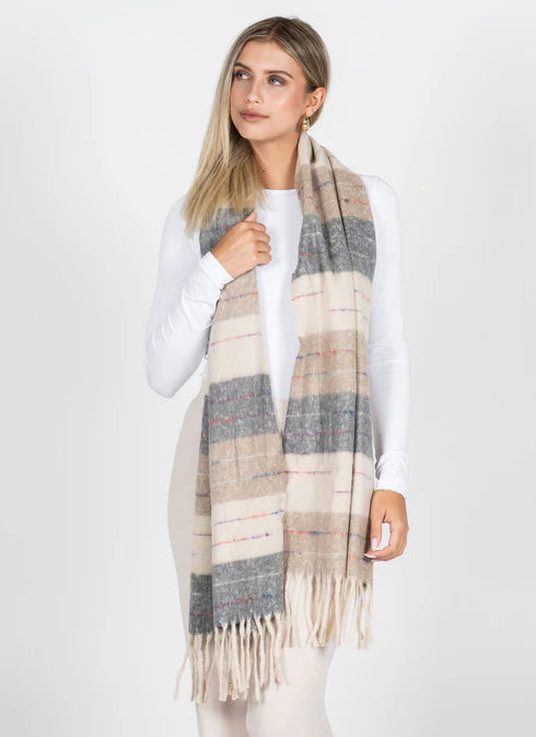 STRIPE PATTERN BLANKET SCARF - TAN