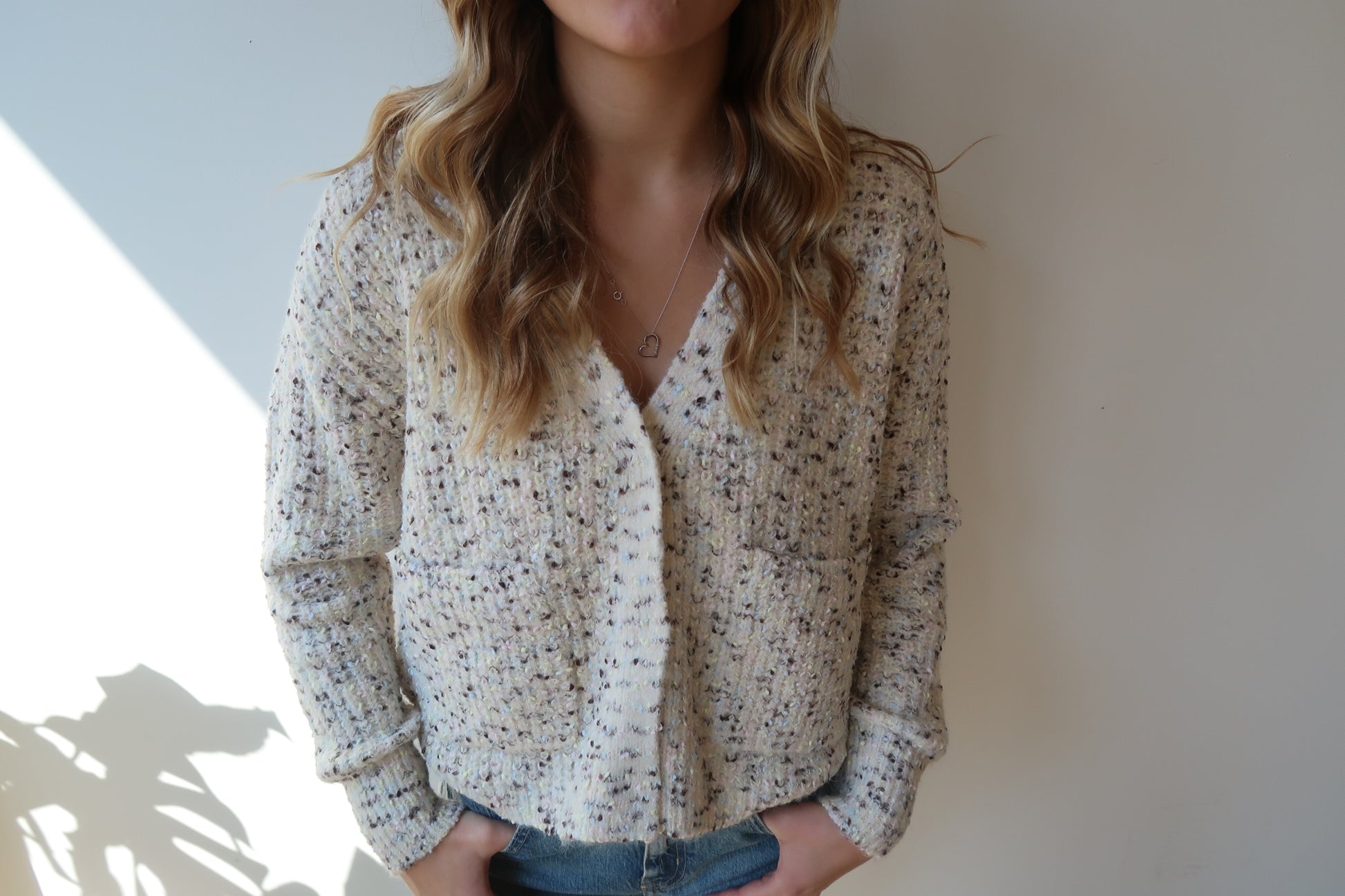 NEDI LONG SLEEVE CARDIGAN - CREAM FLECK