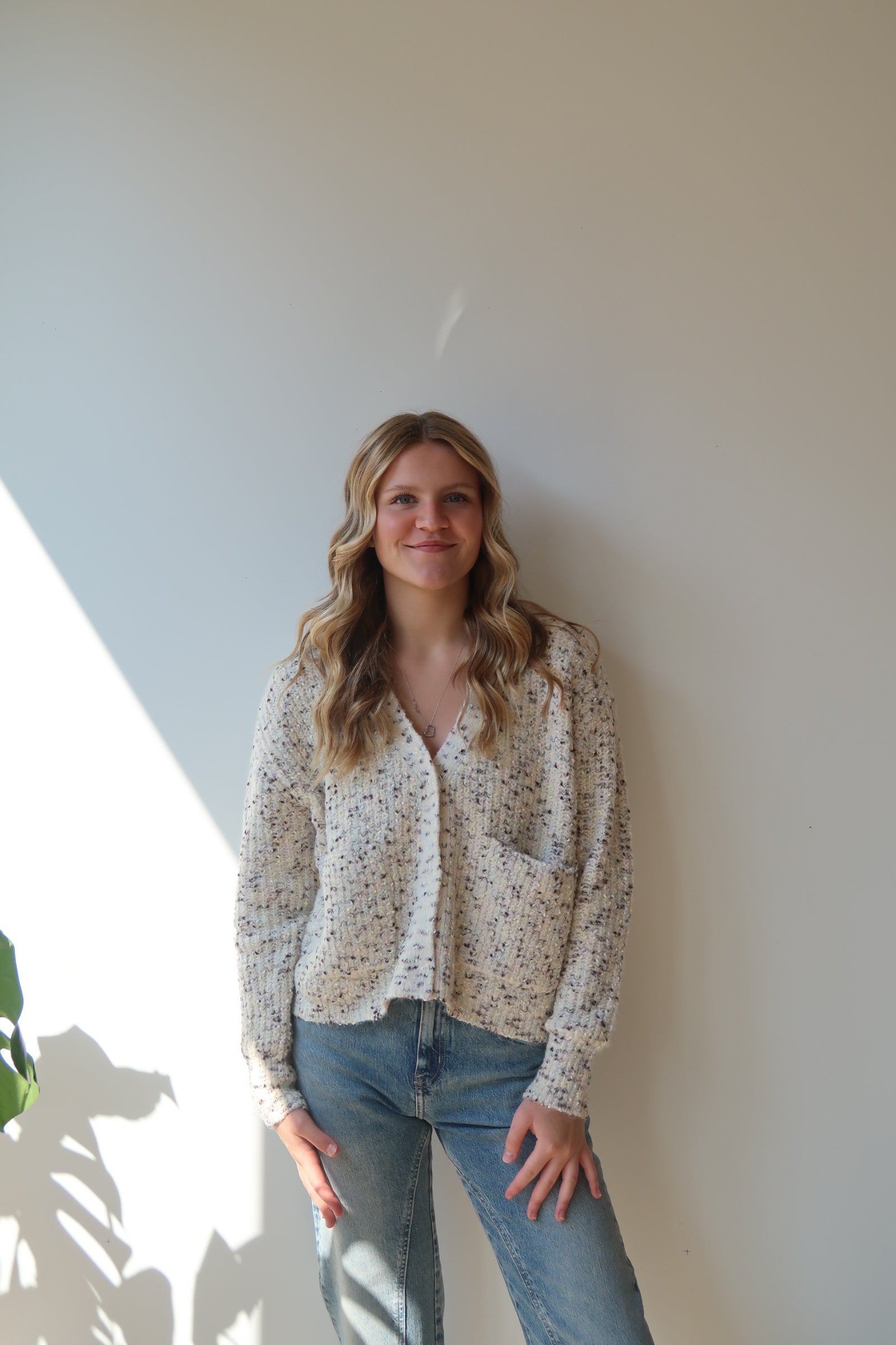 NEDI LONG SLEEVE CARDIGAN - CREAM FLECK