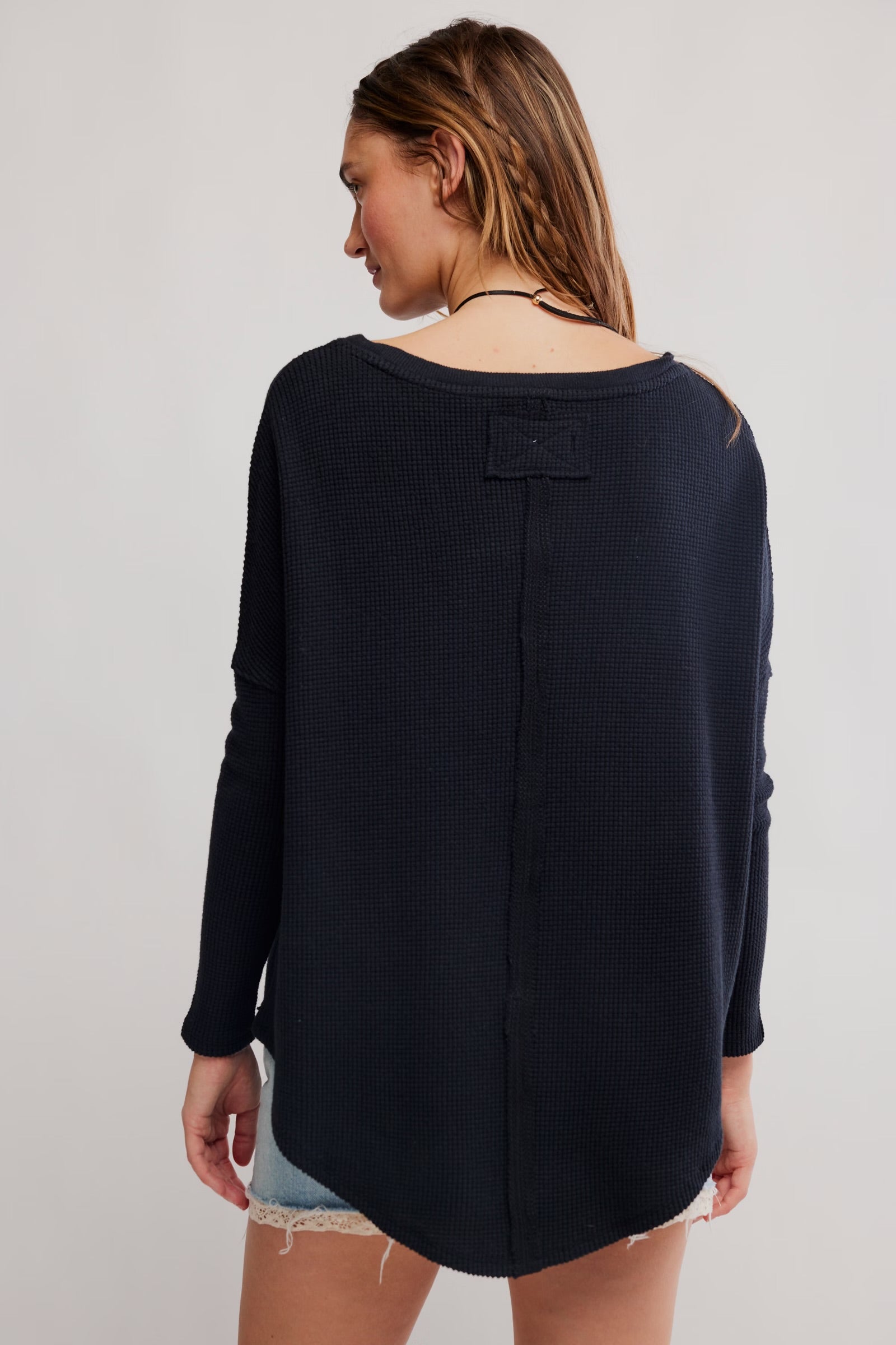 FREE PEOPLE LATTE BLUES THERMAL SOLID TOP - BLACK