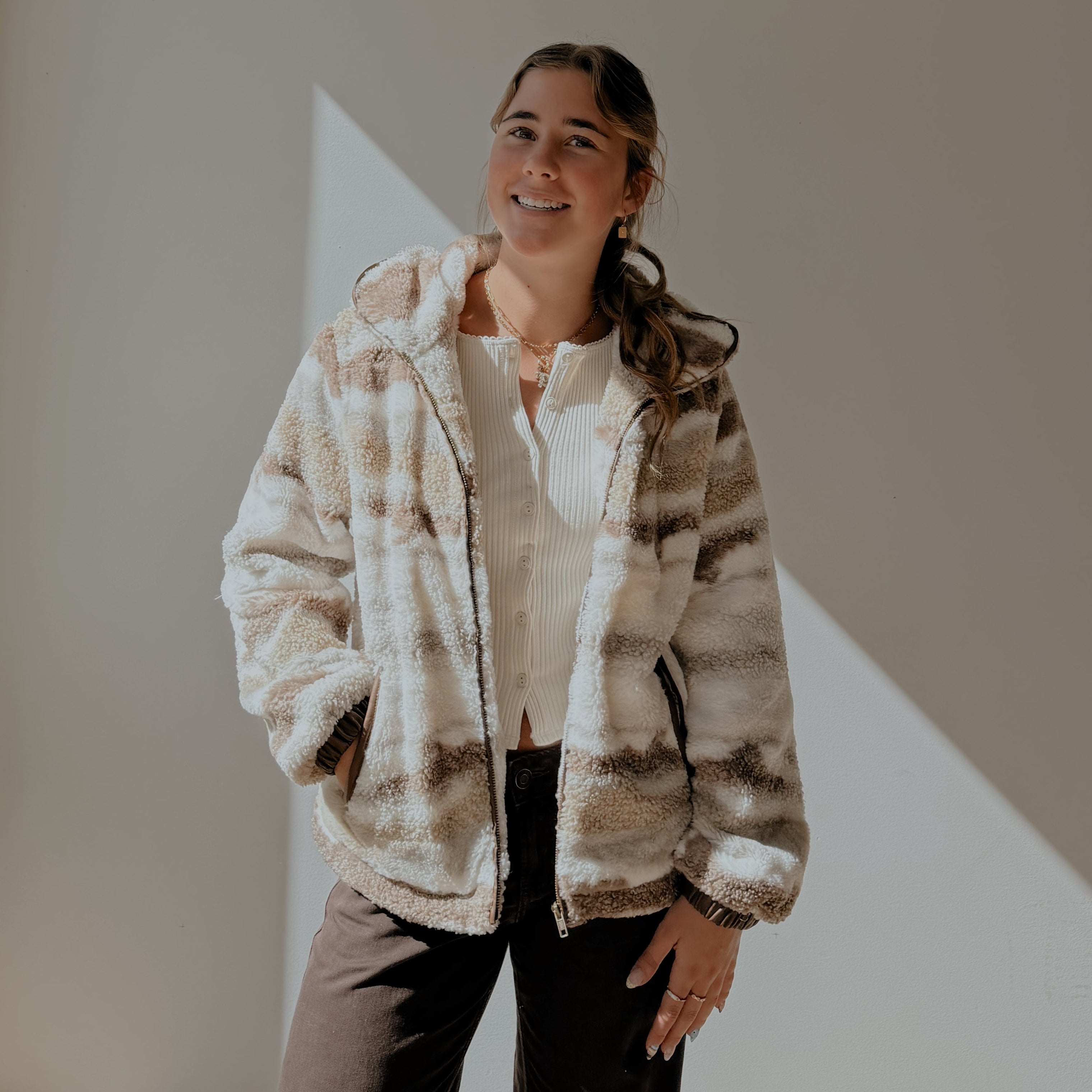 JANE PRINTED FULL ZIP SHERPA JACKET - BEIGE