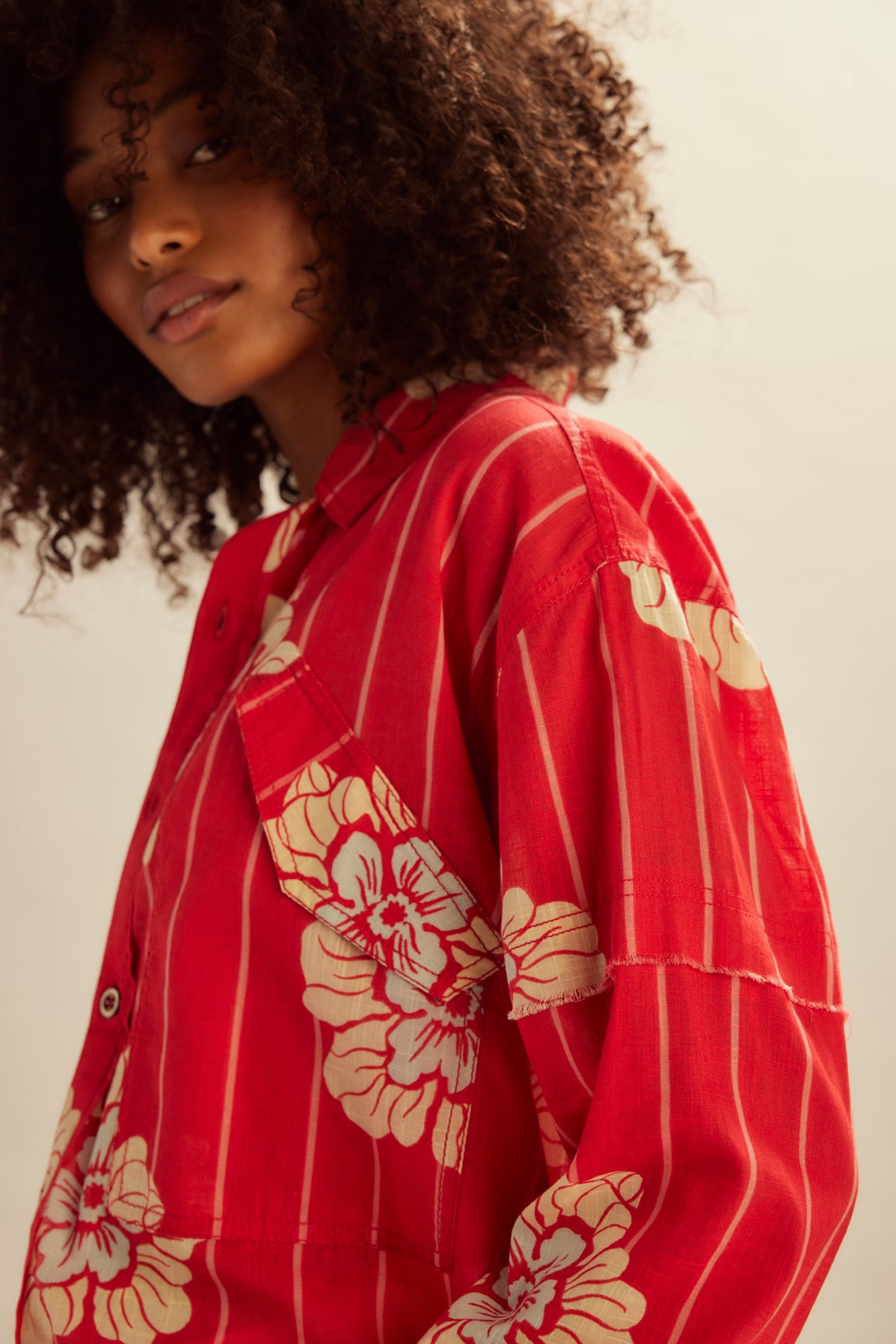 FREE PEOPLE HIDDEN FLOWER CAMO SHIRT - CHERRY COMBO