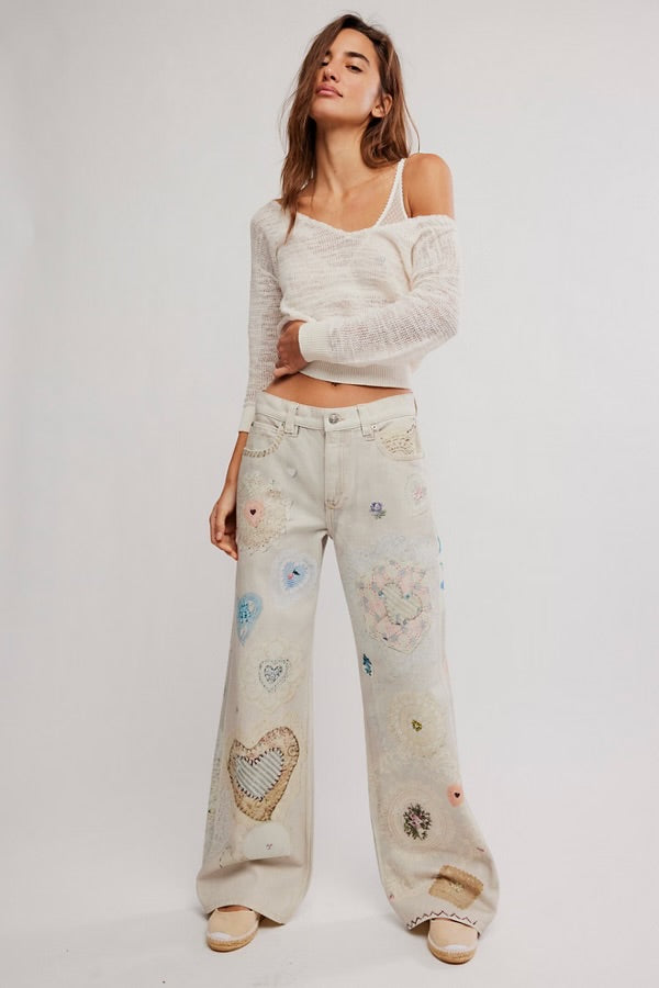 FREE PEOPLE PRINTED TINSLEY PANT - HEIRLOOM IVORY