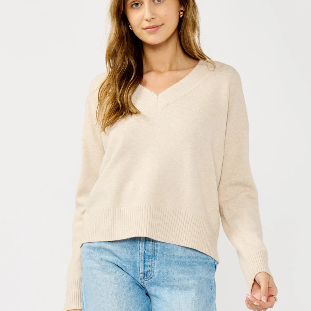 LOVESTITCH MITCHELL V NECK SWEATER - HEATHER PETAL