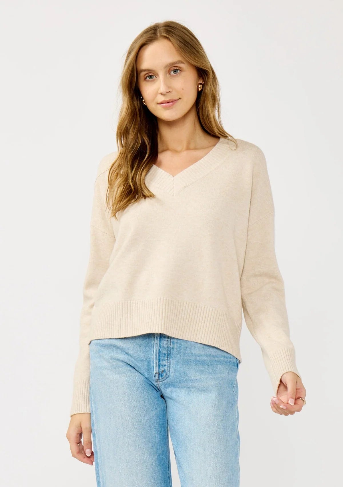 LOVESTITCH MITCHELL V NECK SWEATER - HEATHER PETAL